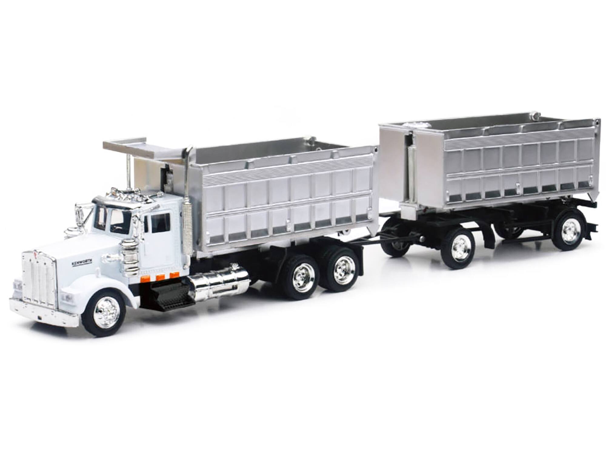 Angle. New Ray - Kenworth W900 Dump Truck with Twin Dump Body White and Chrome "Long Haul Trucker" Series 1/43 Diecast Model by New Ray - White and Chrome.
