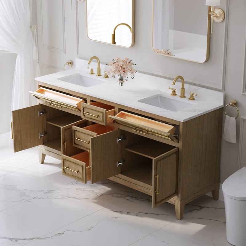 Angle. WELLFOR - 72 in Luxury Solid Oak Bathroom Vanity with Double Sink, Bathroom Cabinet with 3 Soft-Close Drawers and 2 Flip Drawers - Oak.