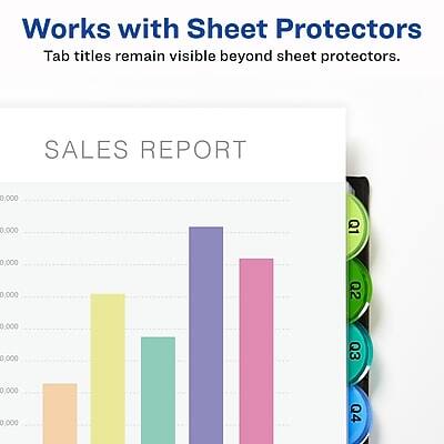 Works with Sheet Protectors  
Tab titles remain visible beyond sheet protectors.

SALES REPORT

Q1 0,000  
Q2 0,000  
Q3 0,000  
Q4 0,000