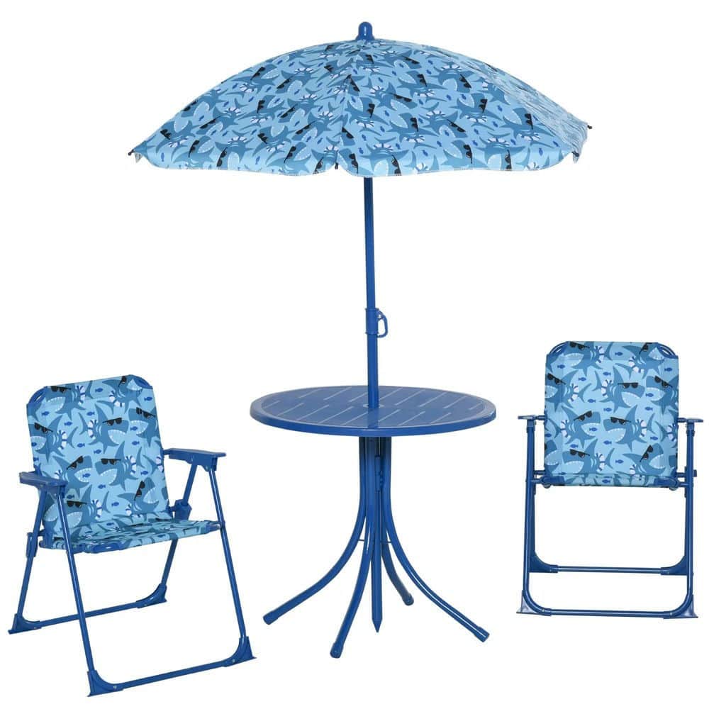 Resenkos - Kids Folding Table and Chairs Set, Umbrella, Backyard , Metal, Polyester - Blue