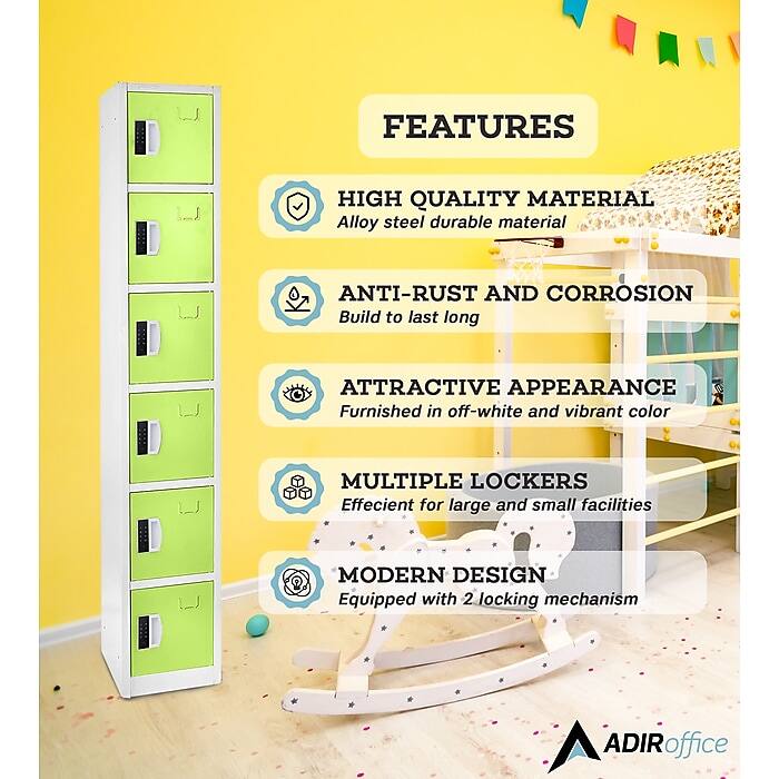 FEATURES
HIGH QUALITY MATERIAL
Alloy steel durable material
ANTI-RUST AND CORROSION
Build to last long
ATTRACTIVE APPEARANCE
Furnished in off-white and vibrant color
MULTIPLE LOCKERS
Effecient for large and small facilities
MODERN DESIGN
Equipped with 2 locking mechanism
ADIRoff office