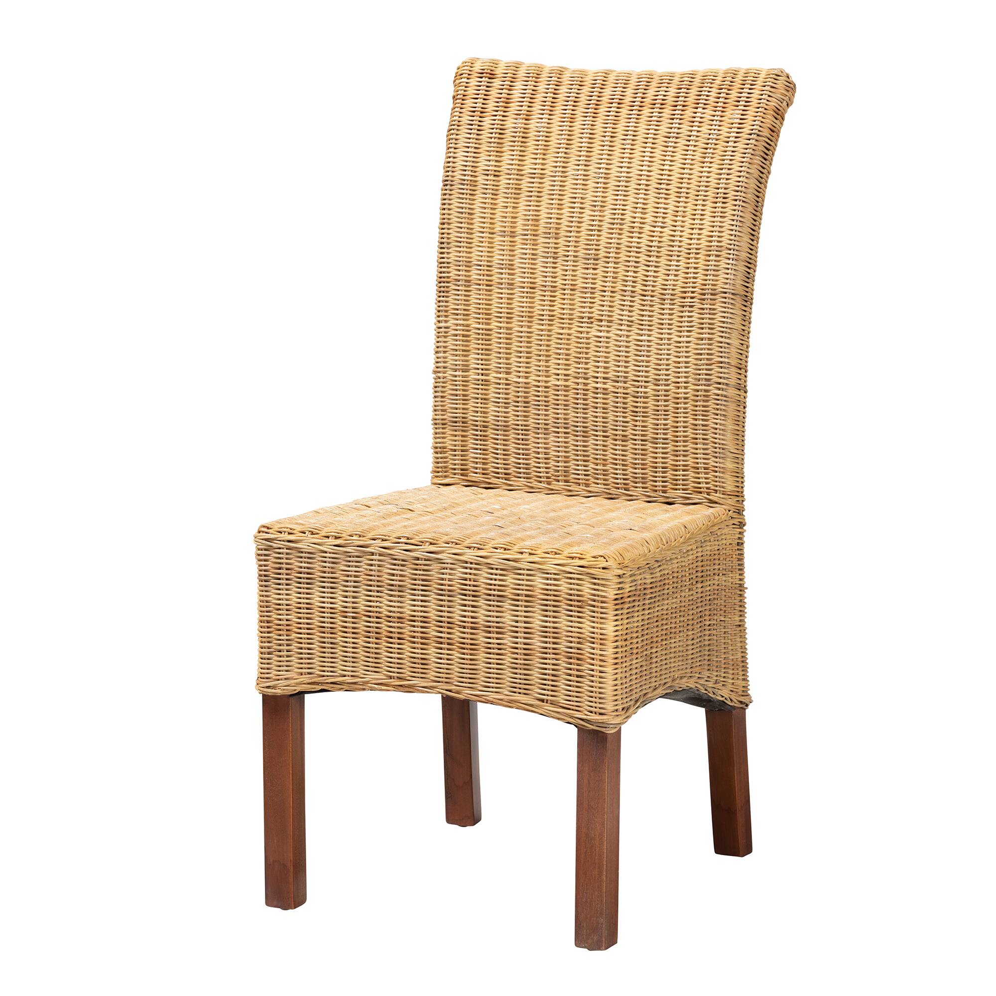 bali & pari - Shamara Modern Bohemian Natural Rattan and Mahogany Wood Dining Chair - Natural Brown/Walnut Brown