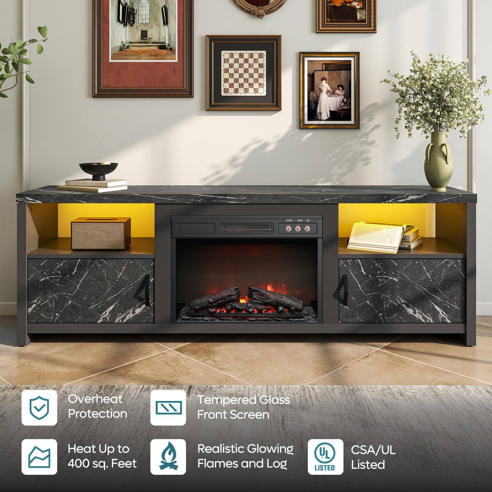 - Overheat Protection
- Tempered Glass Front Screen
- Heat Up to 400 sq. Feet
- Realistic Glowing Flames and Log
- UL Listed
- CSA/UL Listed