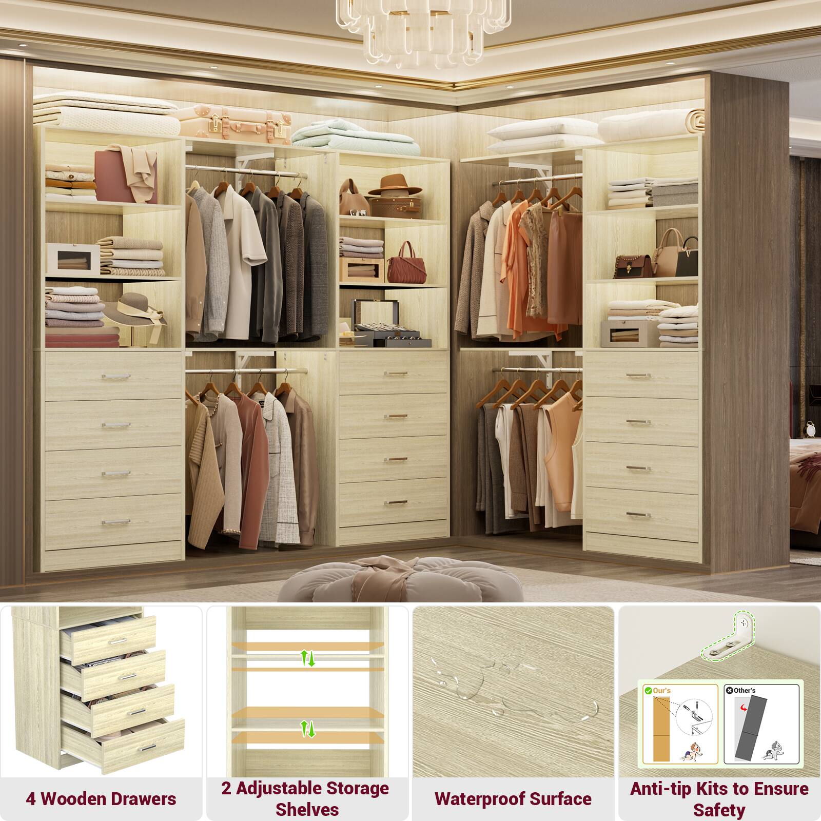 0 11 Our's OOther's 1I 4 Wooden Drawers 2 Adjustable Storage Waterproof Surface Shelves Anti-tip Kits to Ensure Safety