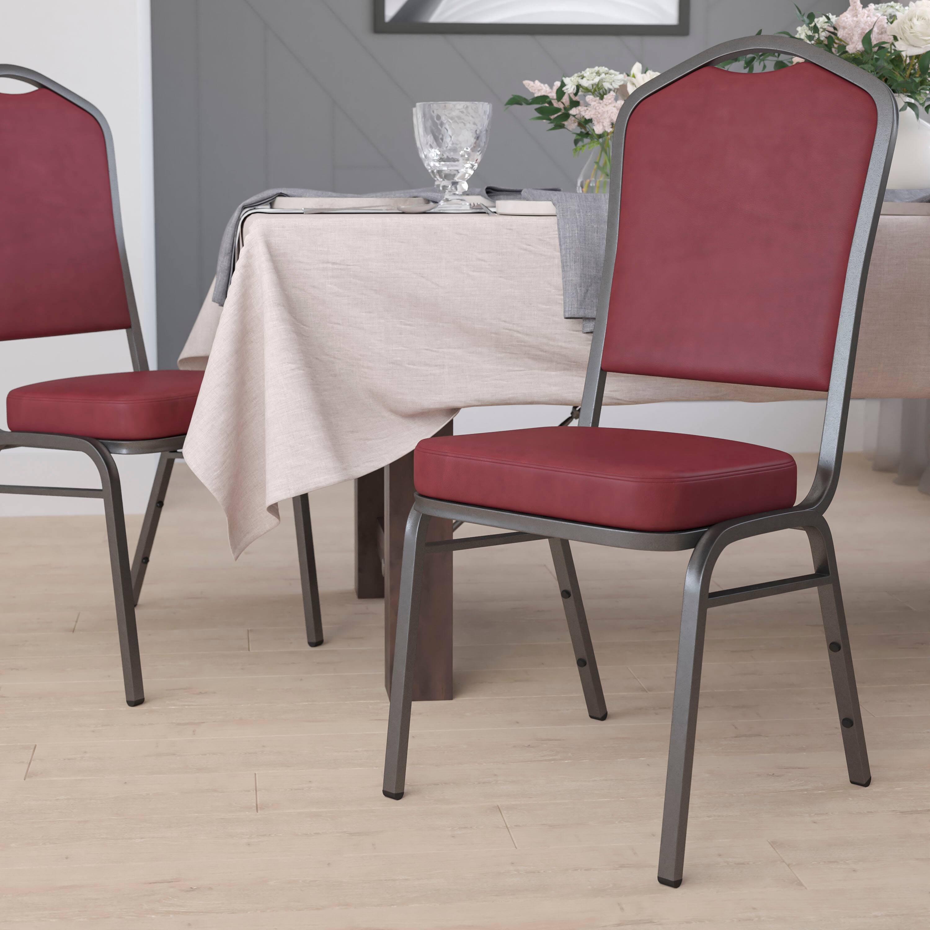 Alt View 1. Emma + Oliver - Crown Back Stacking Banquet Dining Chair - Burgundy Vinyl/Silver Vein Frame.