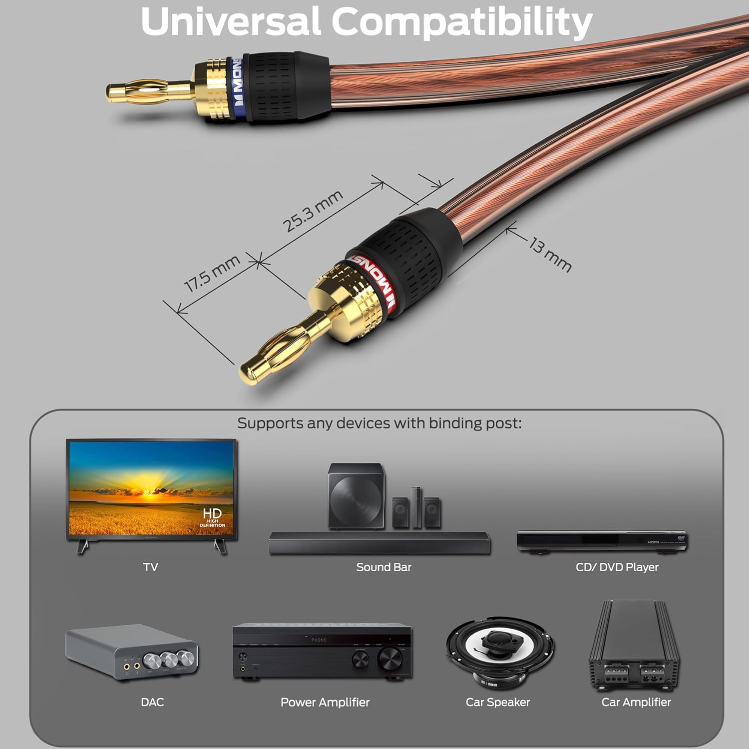 Universal Compatibility

MON 2 mm
17.5 mm
25.3
MONS N 13 mm

Supports any devices with binding post:

TV
Sound Bar
CD/ DVD Player
DAC
Power Amplifier
Car Speaker
Car Amplifier