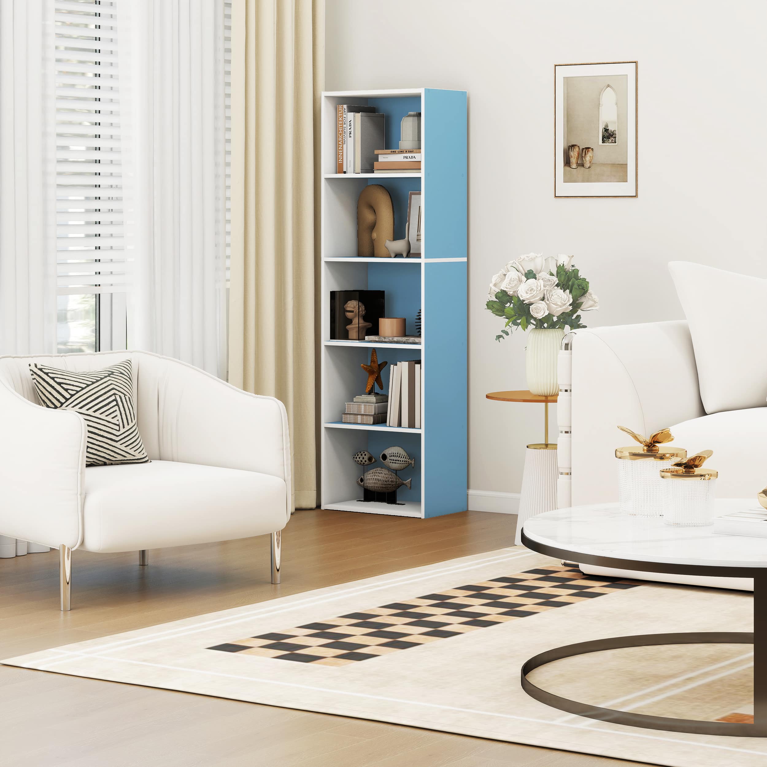 Front. HOMLUX - HOMLUX 5-Tier 52" Engineered Wood Bookcase, Storage Bookshelf for Study Office, White & Blue - Blue & White.