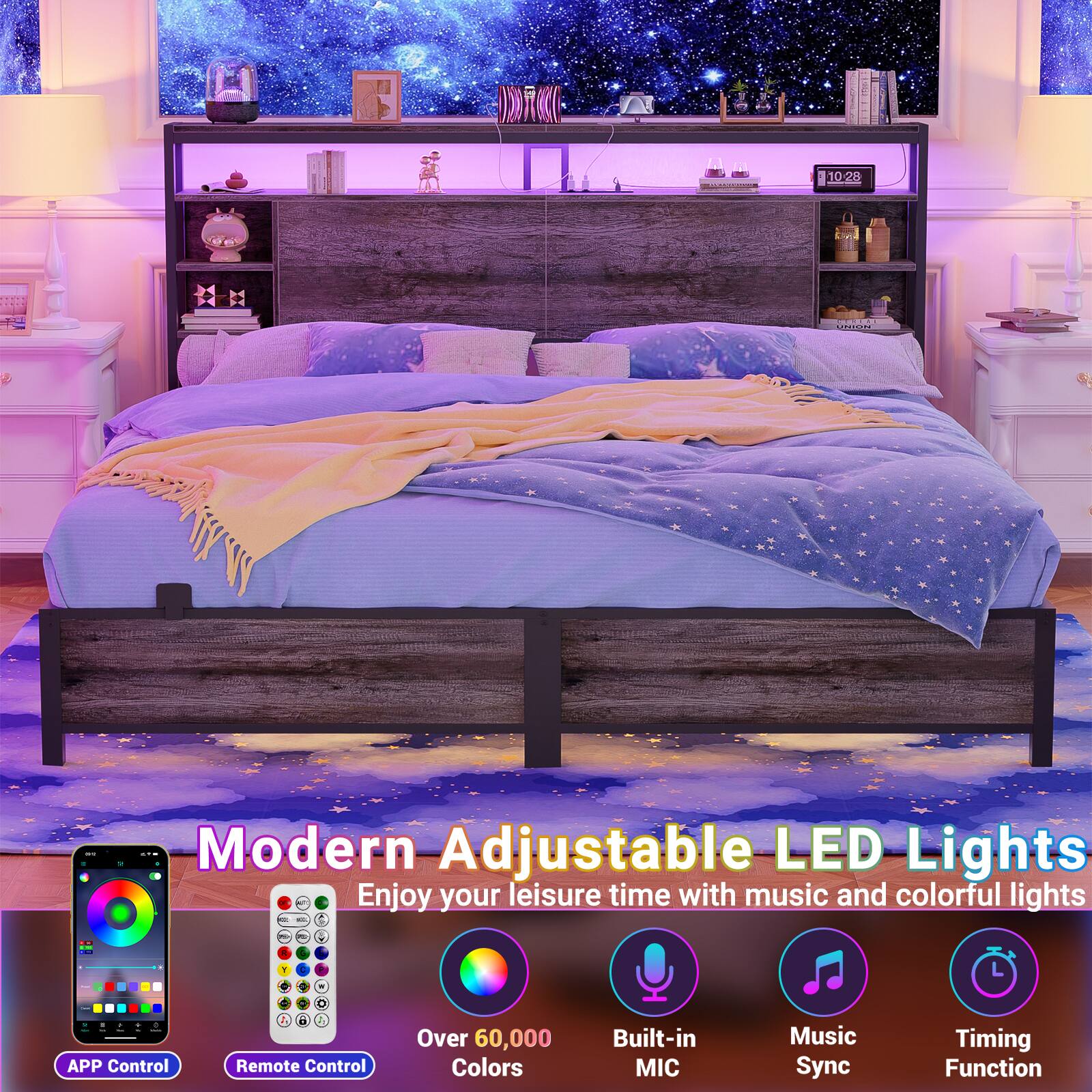 UCO 1028 1O ! Modern Adjustable LED Lights . Enjoy your leisure time with music and colorful lights . - - - . - - + - . .  - a T : APP Control L  A Remote Control Over 60,000 Colors Built-in MIC Music Sync Timing Function
