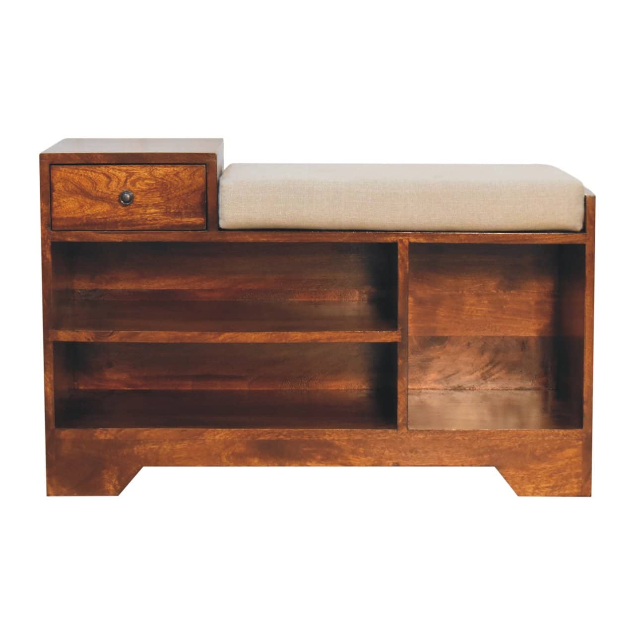 Artisan Furniture - Solid Wood Retreat Chestnut Shoe Bench, Upholstered, 1 Drawer, 3 Shelves, Dark - Brown & White