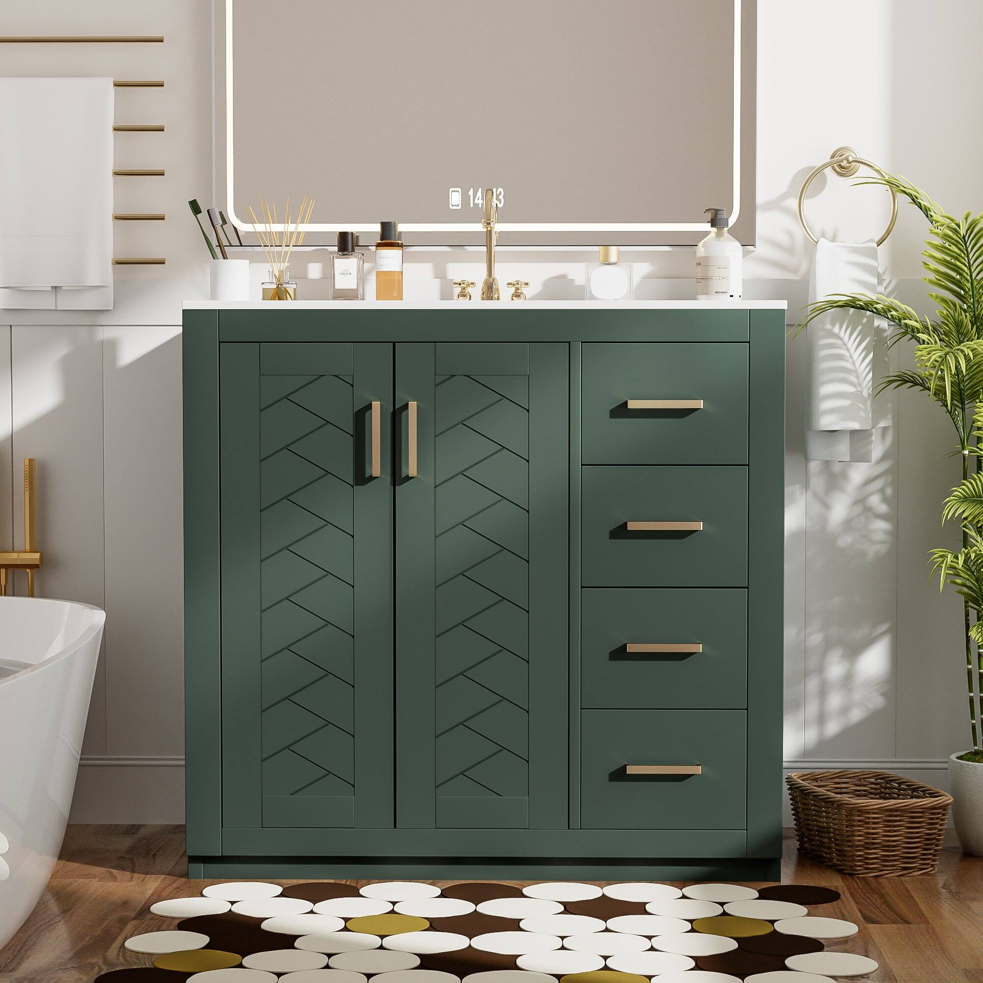 Alt View 1. Boyel Living - 36 Inch Solid Wood Bathroom Vanity with Ceramic Sink and Three Drawers Green - Green.