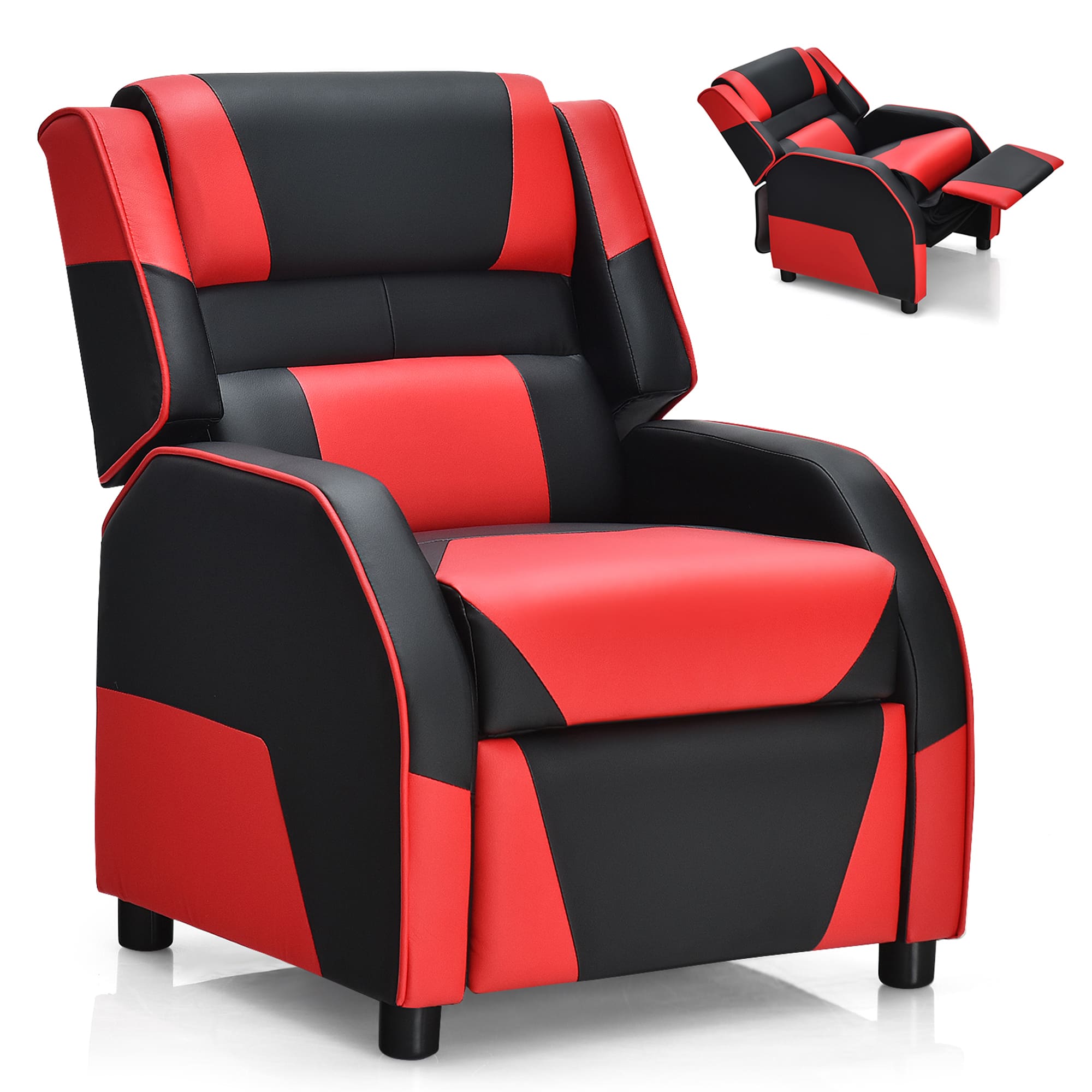 Gymax - Gaming Recliner Sofa PU Leather Armchair for Kids Youth w/ Footrest Red - Red