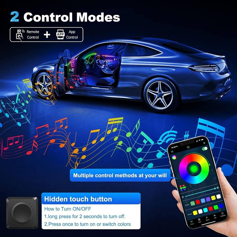 2 Control Modes  
IR Remote Control + App Control  

Multiple control methods at your will  

Hidden touch button  
How to Turn ON/OFF  
1. Long press for 2 seconds to turn off.  
2. Press once to turn on or switch colors