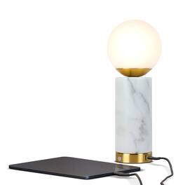 Brightech - Aspen LED Modern Contemporary Round Globe Dimmable Bedside Nightstand Desk Lamp with Fast Charging USB Port - Glossy White Marble