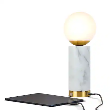Front. Brightech - Aspen LED Modern Contemporary Round Globe Dimmable Bedside Nightstand Desk Lamp with Fast Charging USB Port - Glossy White Marble.