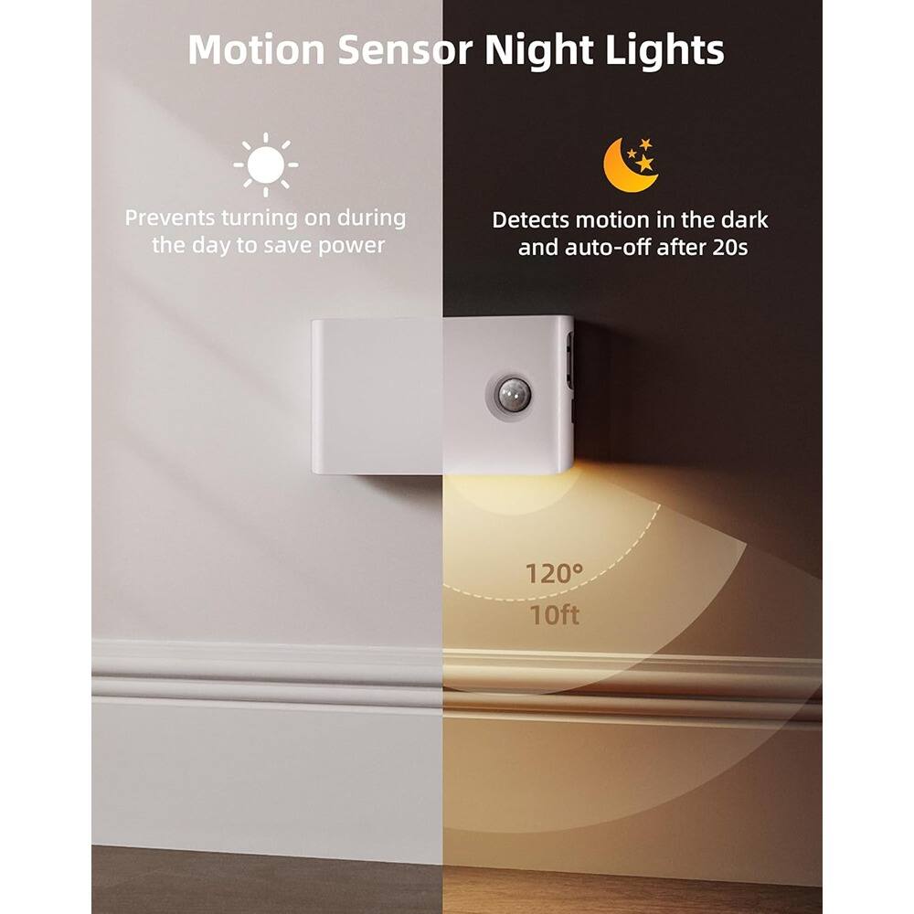 Motion Sensor Night Lights

- Prevents turning on during the day to save power
- Detects motion in the dark and auto-off after 20s
- 120°
- 10ft