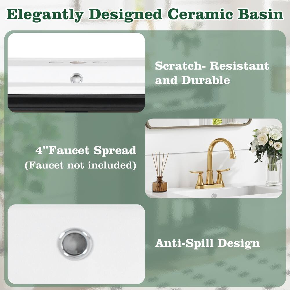 Elegantly Designed Ceramic Basin

Scratch-Resistant and Durable

4" Faucet Spread (Faucet not included)

Anti-Spill Design