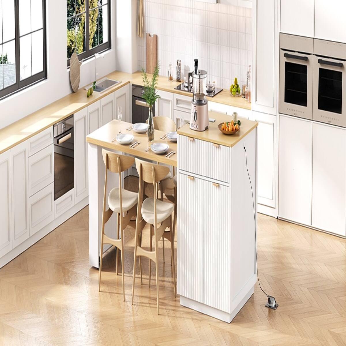 Alt View 4. Loheer - White Fluted Kitchen Island with Extendable Dining Table, 82.6-Inch Rectangular Island with Power Outlet - White.