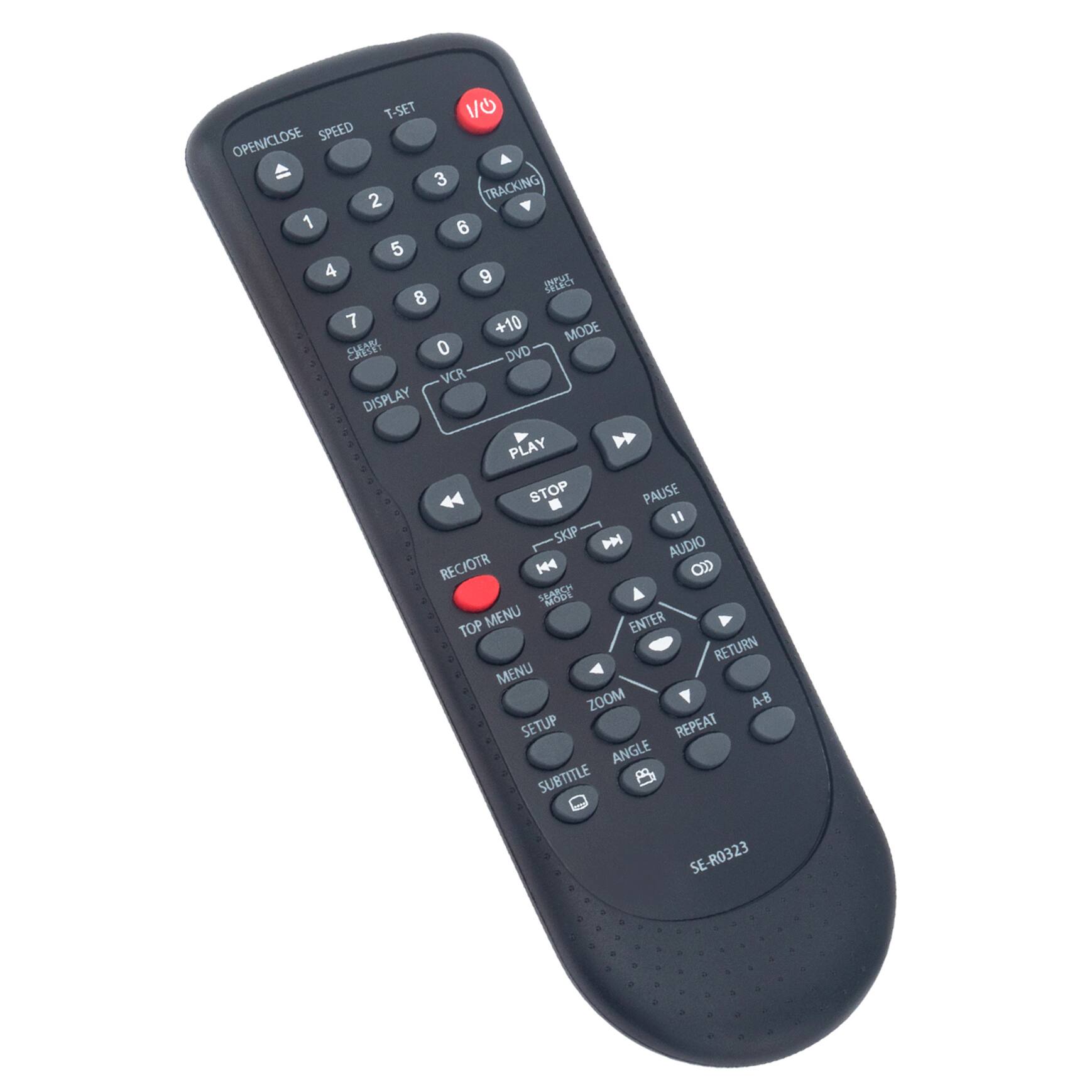T-SET V/O OPEN/CLOSE SPEED 3 TRACKING 2 1 6 5 4 9 8 7 +10 MODE S 0 DVD VCR DISPLAY PLAY STOP PAUSE 11 SKIP M AUDIO REC/OTR 144 O % TOP MENU ENTER RETURN MENU ZOOM A-8 SETUP REPEAT ANGLE SUBTITLE SE-R0323