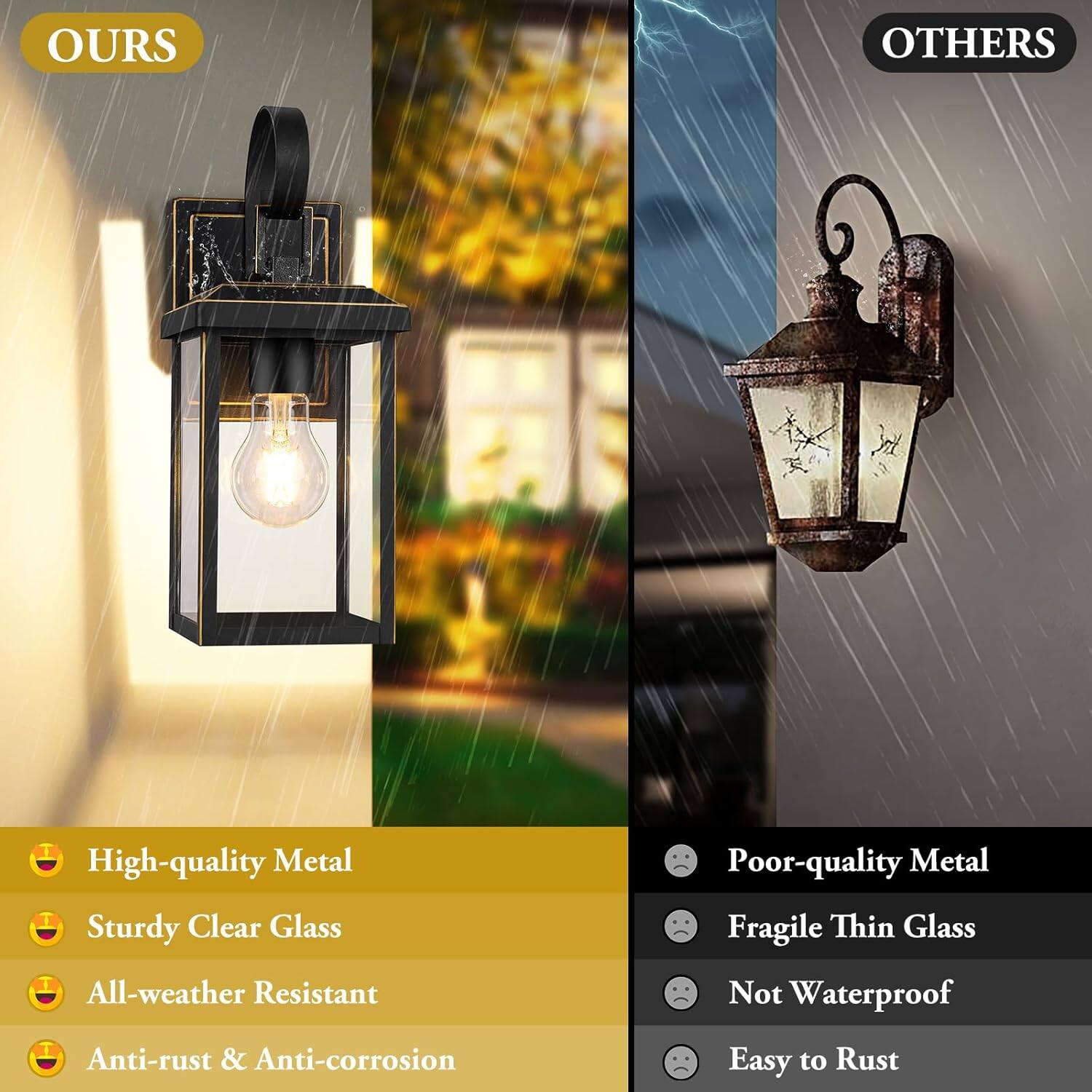 **OURS**

- High-quality Metal
- Sturdy Clear Glass
- All-weather Resistant
- Anti-rust & Anti-corrosion

**OTHERS**

- Poor-quality Metal
- Fragile Thin Glass
- Not Waterproof
- Easy to Rust