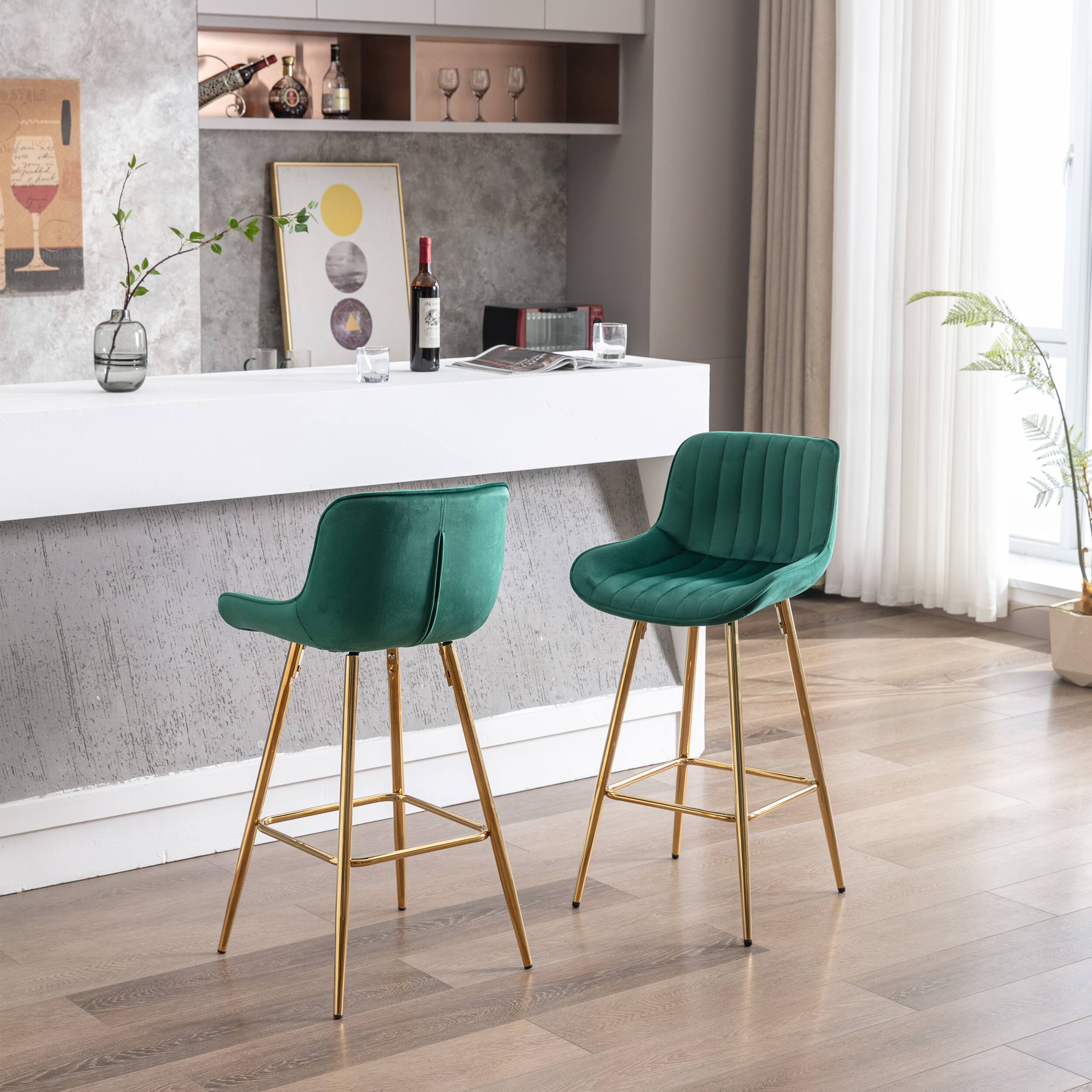 Left. Trinkets Crazed - Velvet Bar Stools Set of 2, 26 Inch Modern Barstools with Back&Gold Legs, Counter Height Stools for Kitchen Island - Green.
