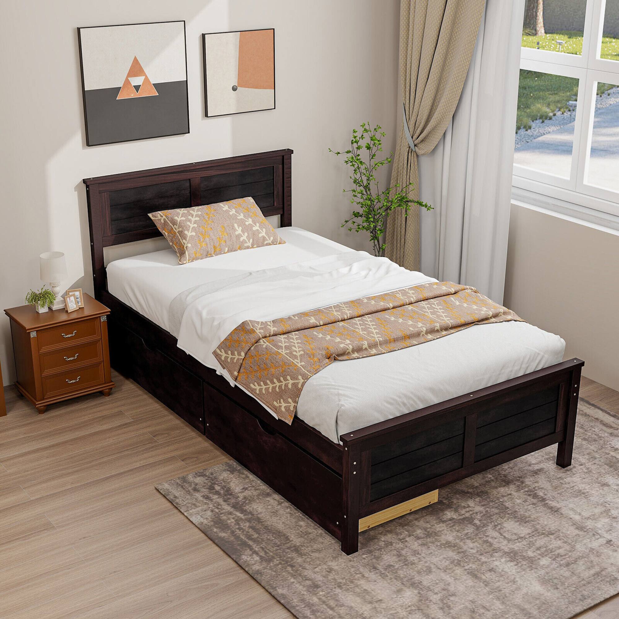 Alt View 5. Gymax - Gymax Twin Size Wooden Bed Frame with 2 Storage Drawers & Under-bed Storage Espresso - Espresso.