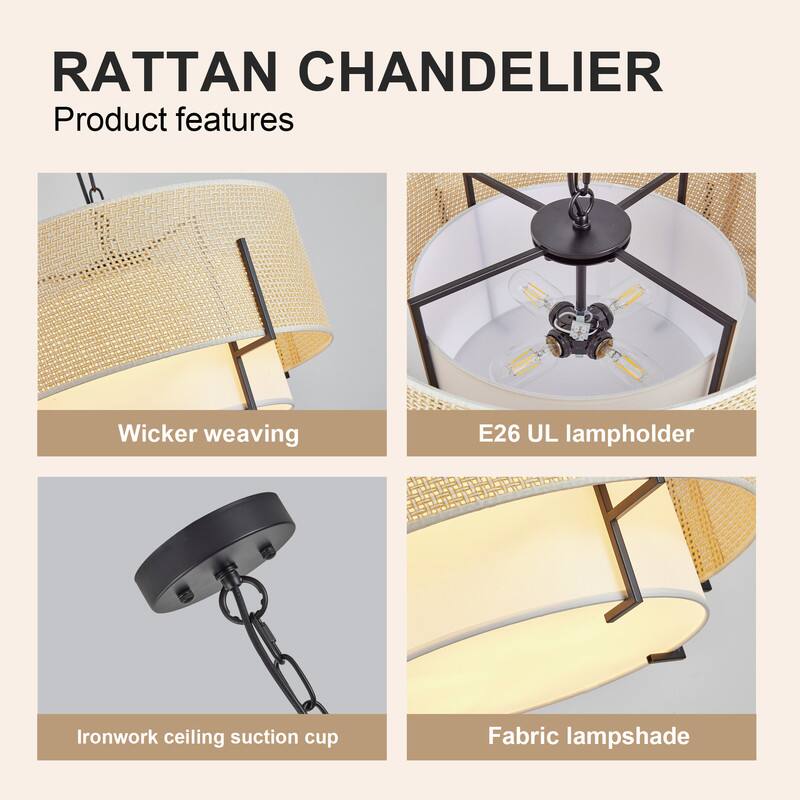 RATTAN CHANDELIER

Product features

- Wicker weaving
- E26 UL lampholder
- Ironwork ceiling suction cup
- Fabric lampshade