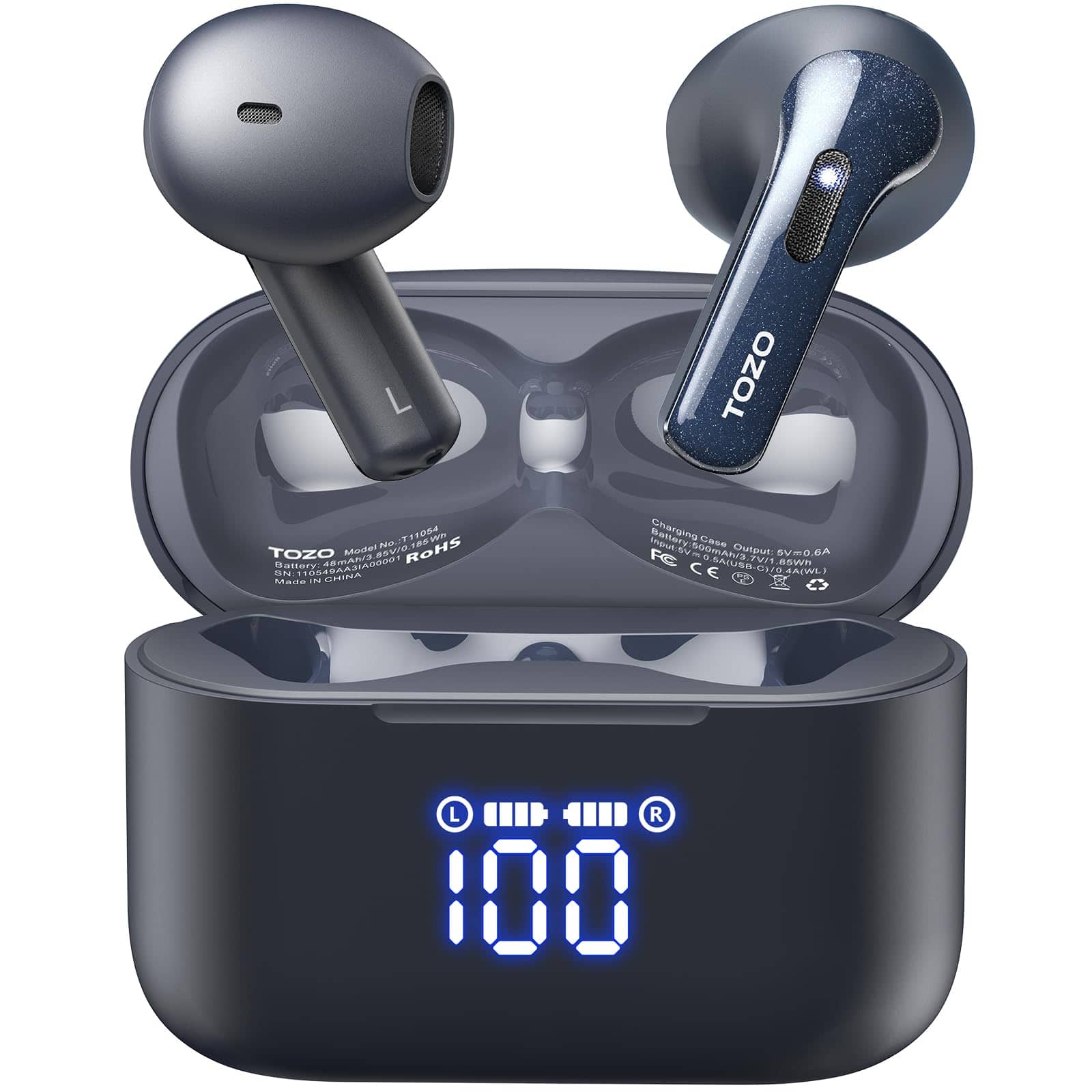 TOZO - T21 Wireless Earbuds, Bluetooth 5.3, Dual Mic Noise Cancelling, IPX8, 44H Playback, LED Display, 32 EQs - Blue