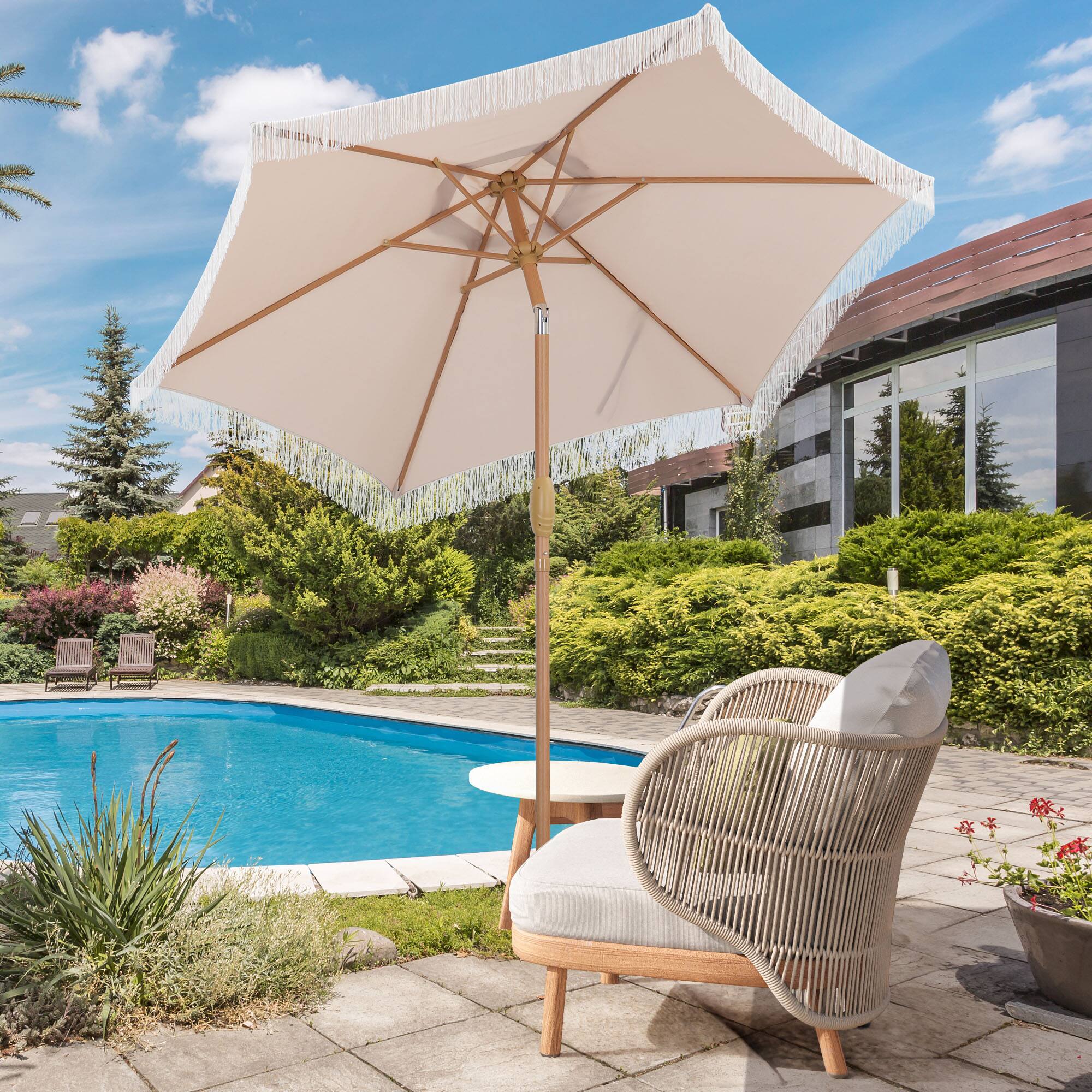 Back. Ainfox - Ainfox 7.5ft Patio Umbrella with Fringe for Event Outdoor Garden Yard Deck Wedding Themed Restaurant Cafe Bistro Set - Khaki.