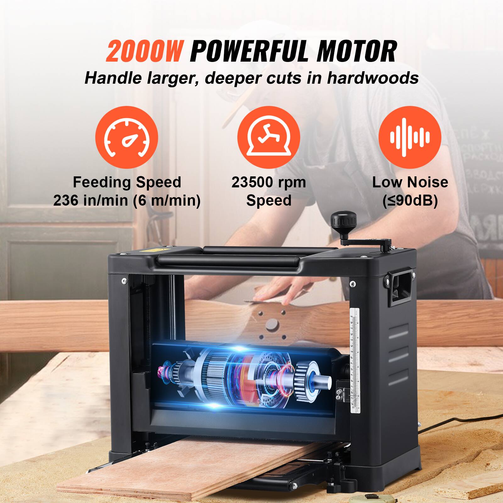 2000W POWERFUL MOTOR  
Handle larger, deeper cuts in hardwoods

Feeding Speed  
236 in/min (6 m/min)

23500 rpm Speed

Low Noise  
(≤90dB)