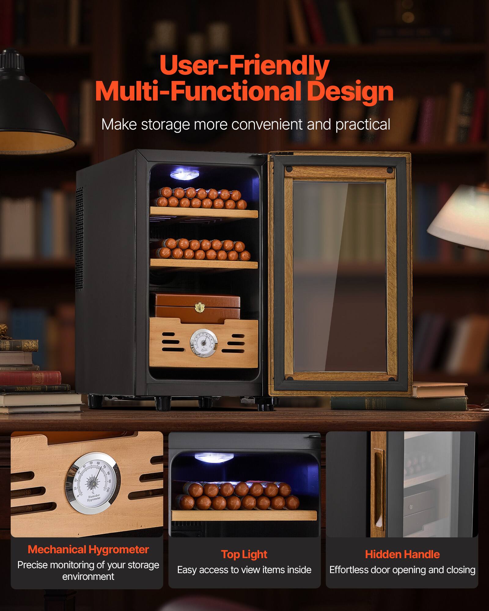 User-Friendly Multi-Functional Design  
Make storage more convenient and practical

- Mechanical Hygrometer  
  Precise monitoring of your storage environment

- Top Light  
  Easy access to view items inside

- Hidden Handle  
  Effortless door opening and closing