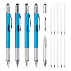 Front. Unique Bargains - 4pcs 6 in 1 Multitool Tech Tool Pen with Ballpoint Pen, Ruler, Screwdriver, Stylus, Level Gauge, Refills for Birthday - Blue.