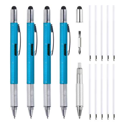 Front. Unique Bargains - 4pcs 6 in 1 Multitool Tech Tool Pen with Ballpoint Pen, Ruler, Screwdriver, Stylus, Level Gauge, Refills for Birthday - Blue.