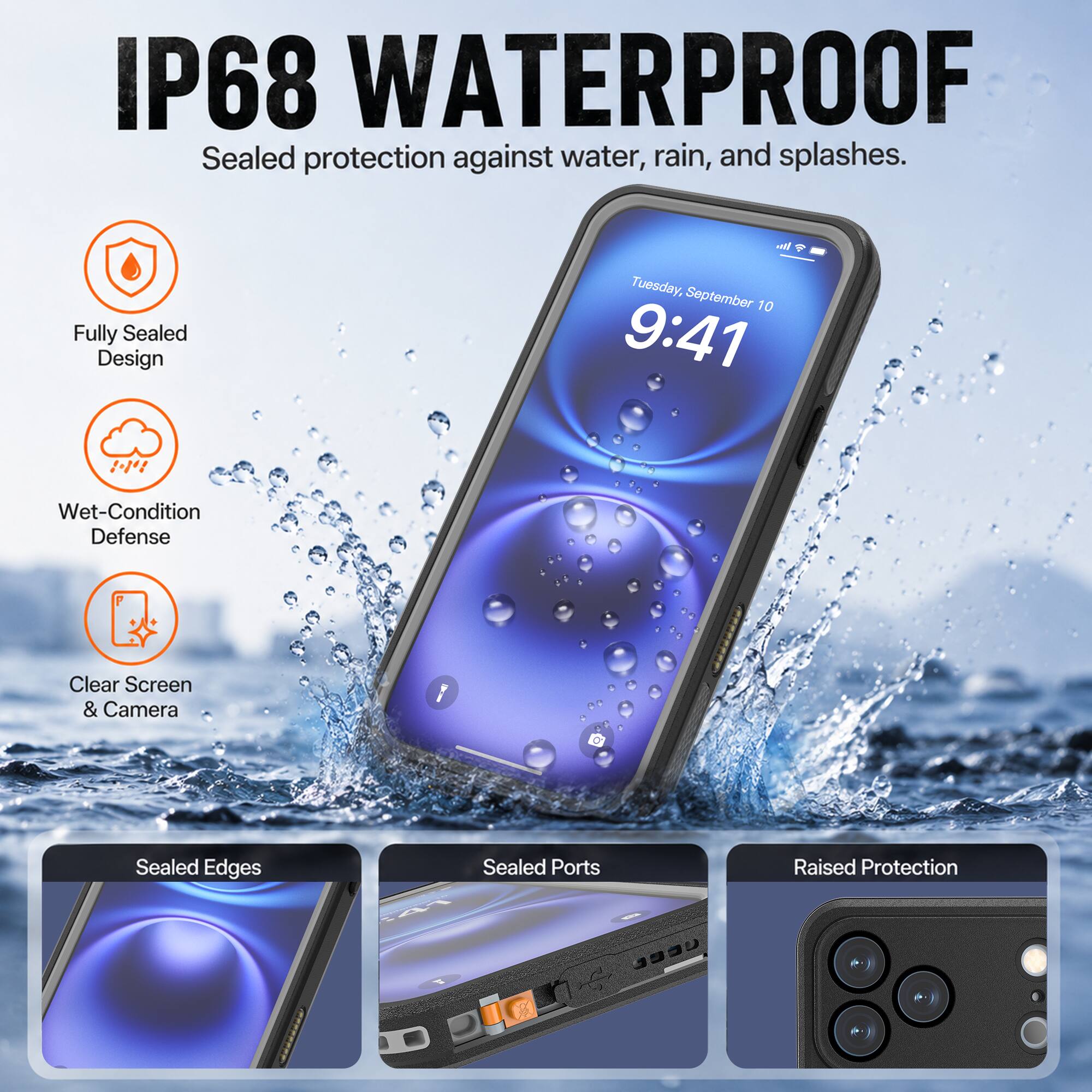 IP68 WATERPROOF  
Sealed protection against water, rain, and splashes.  

Fully Sealed Design  
Wet-Condition Defense  
Clear Screen & Camera  
Sealed Edges  
Sealed Ports  
Raised Protection  

Tuesday, September 10  
9:41