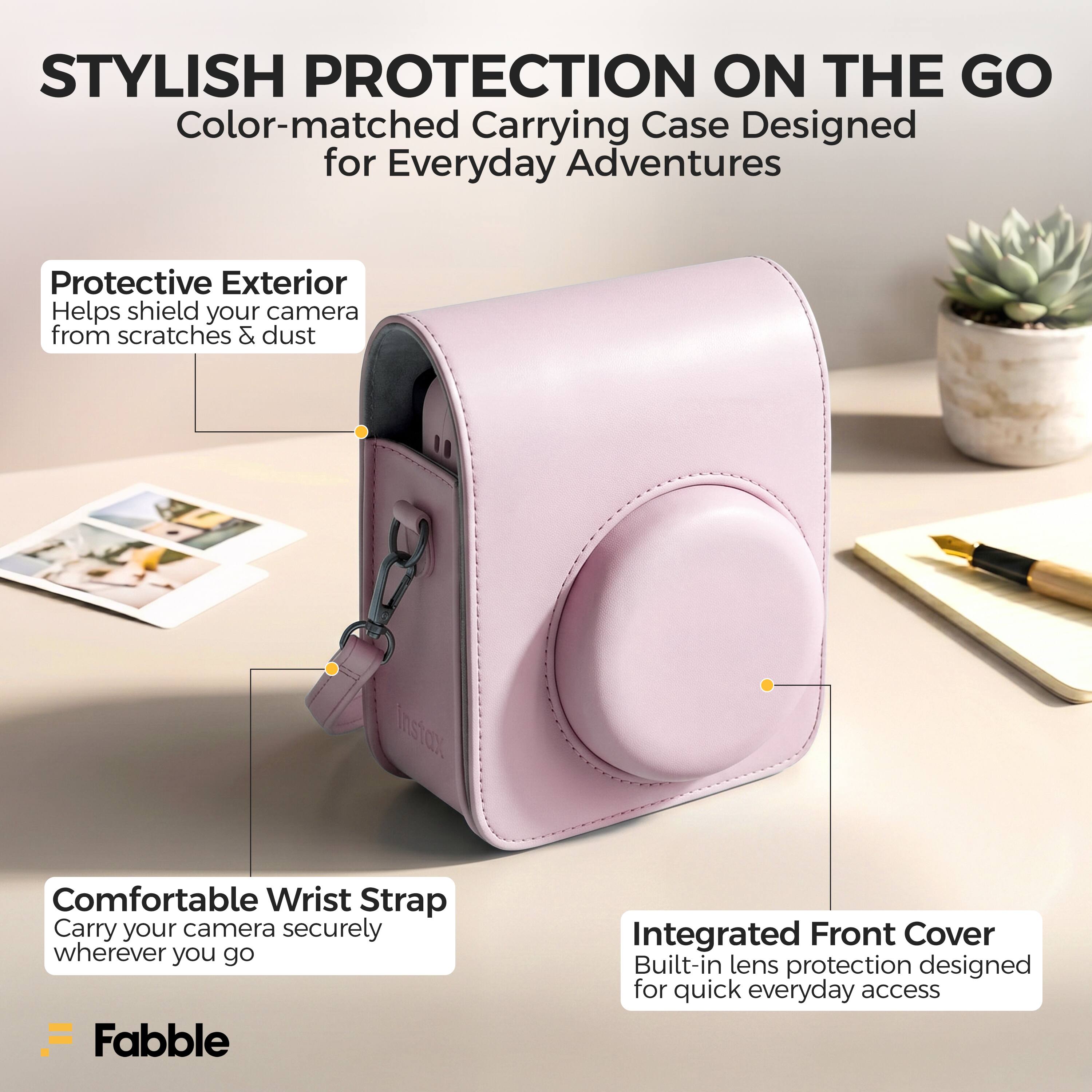 STYLISH PROTECTION ON THE GO  
Color-matched Carrying Case Designed for Everyday Adventures  
Protective Exterior Helps shield your camera from scratches & dust  
Comfortable Wrist Strap Carry your camera securely wherever you go  
Integrated Front Cover Built-in lens protection designed for quick everyday access