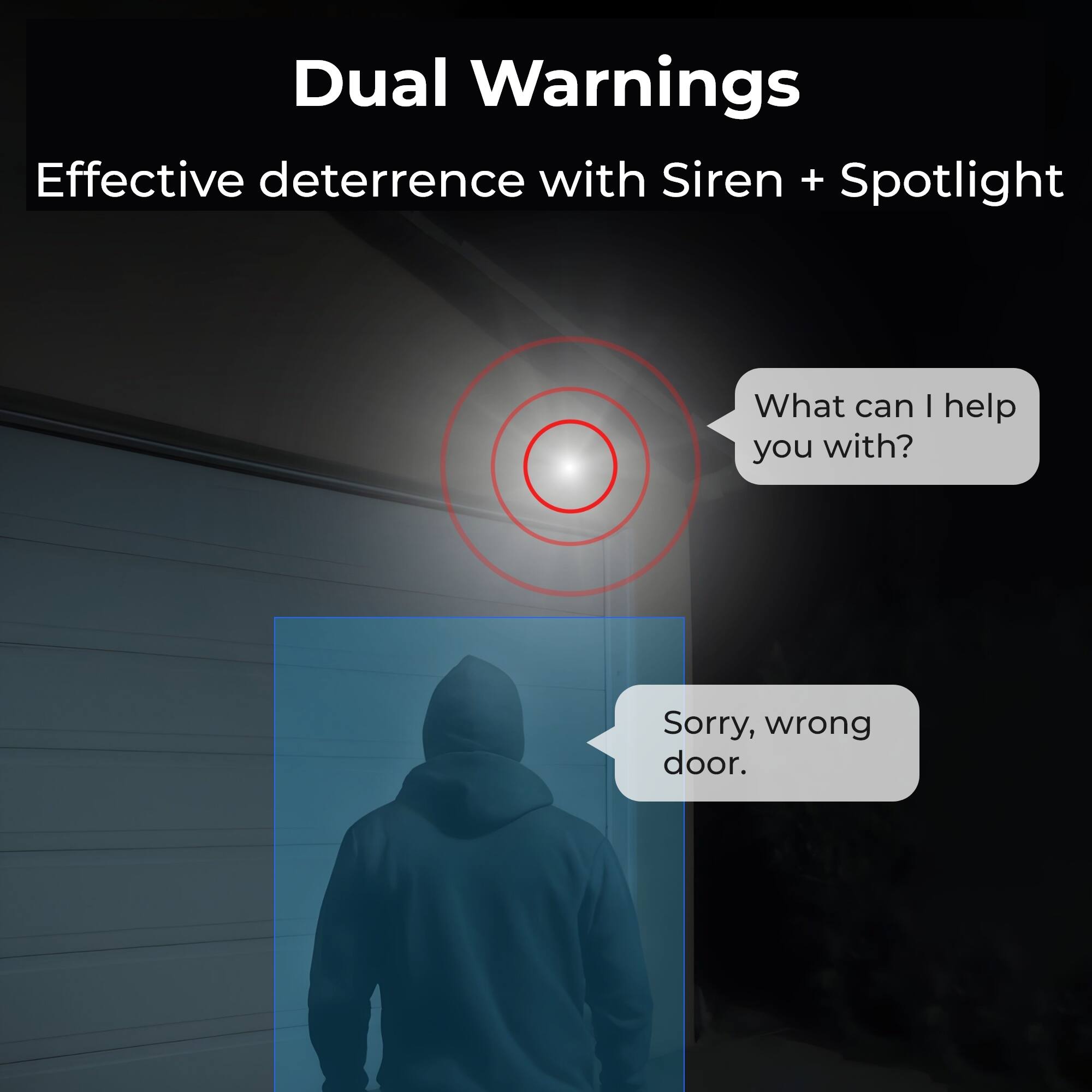 Dual Warnings  
Effective deterrence with Siren + Spotlight  

What can I help you with?  
Sorry, wrong door.