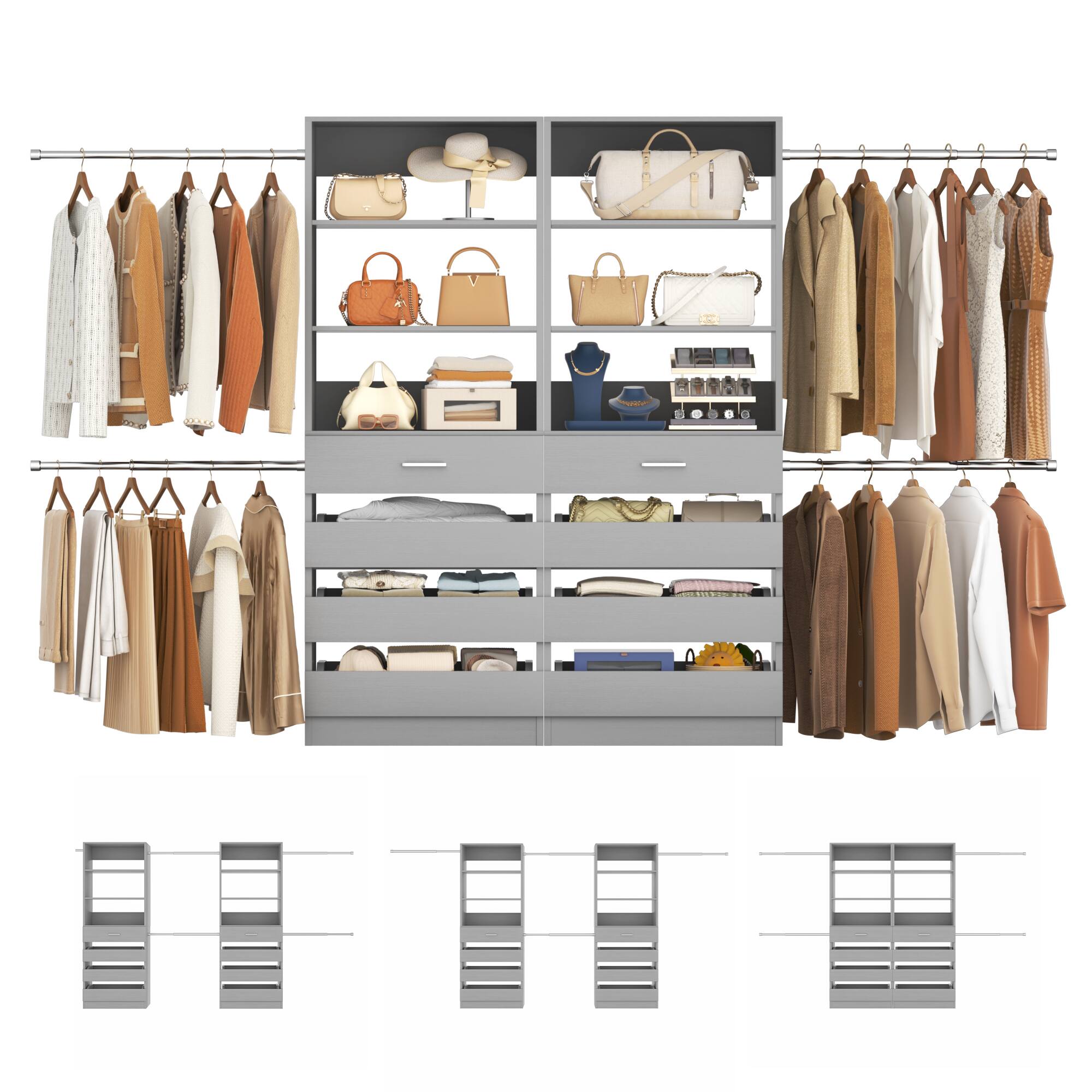 Left. Aheaplus - 6-15Ft Wood Walk-in Closet Organizer: 8 Drawers, 4 Hanging Rods & Tower - Gray.