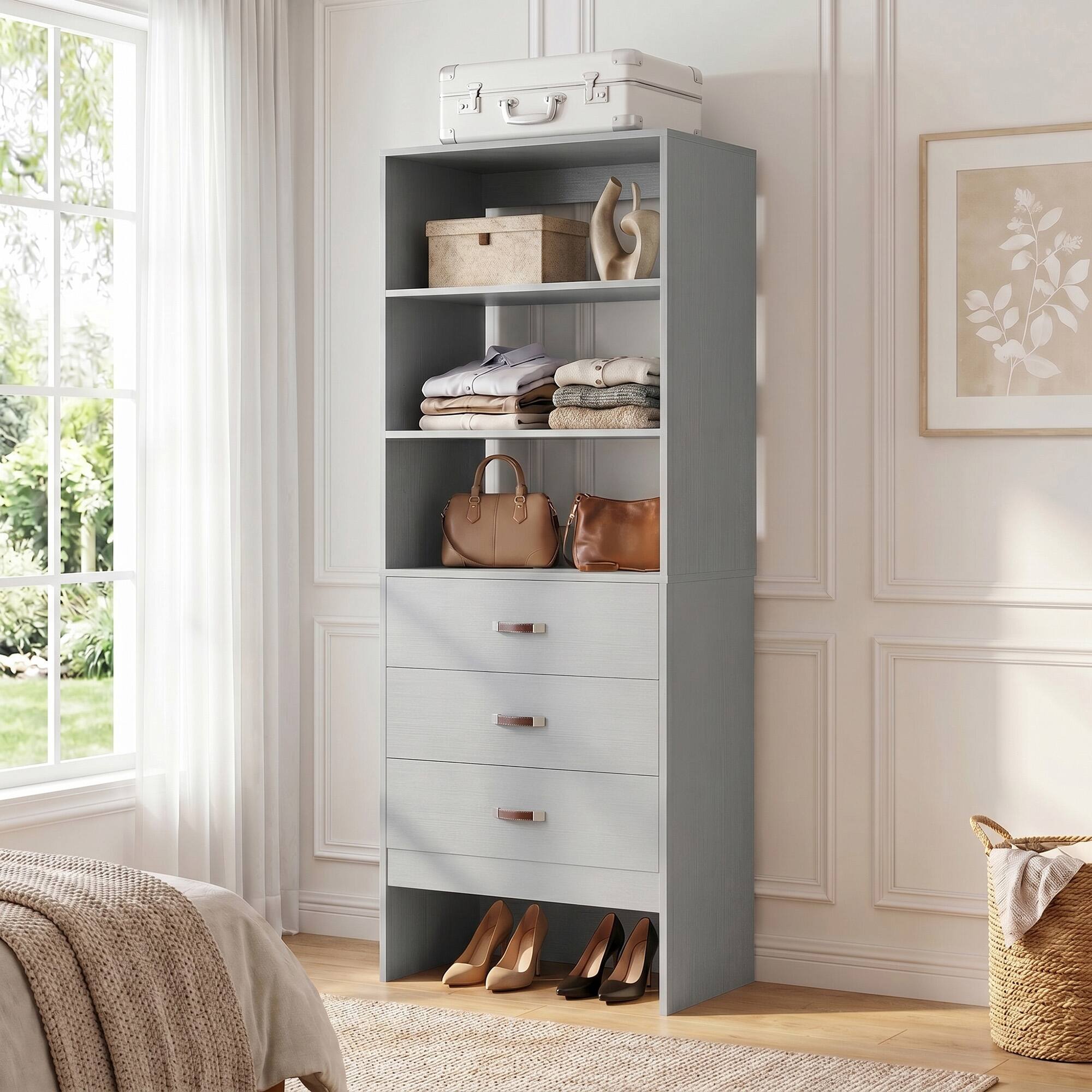 Aheaplus - 2FT Freestanding Closet System with 3 Leather-Handled Drawers and Shelves - Gray