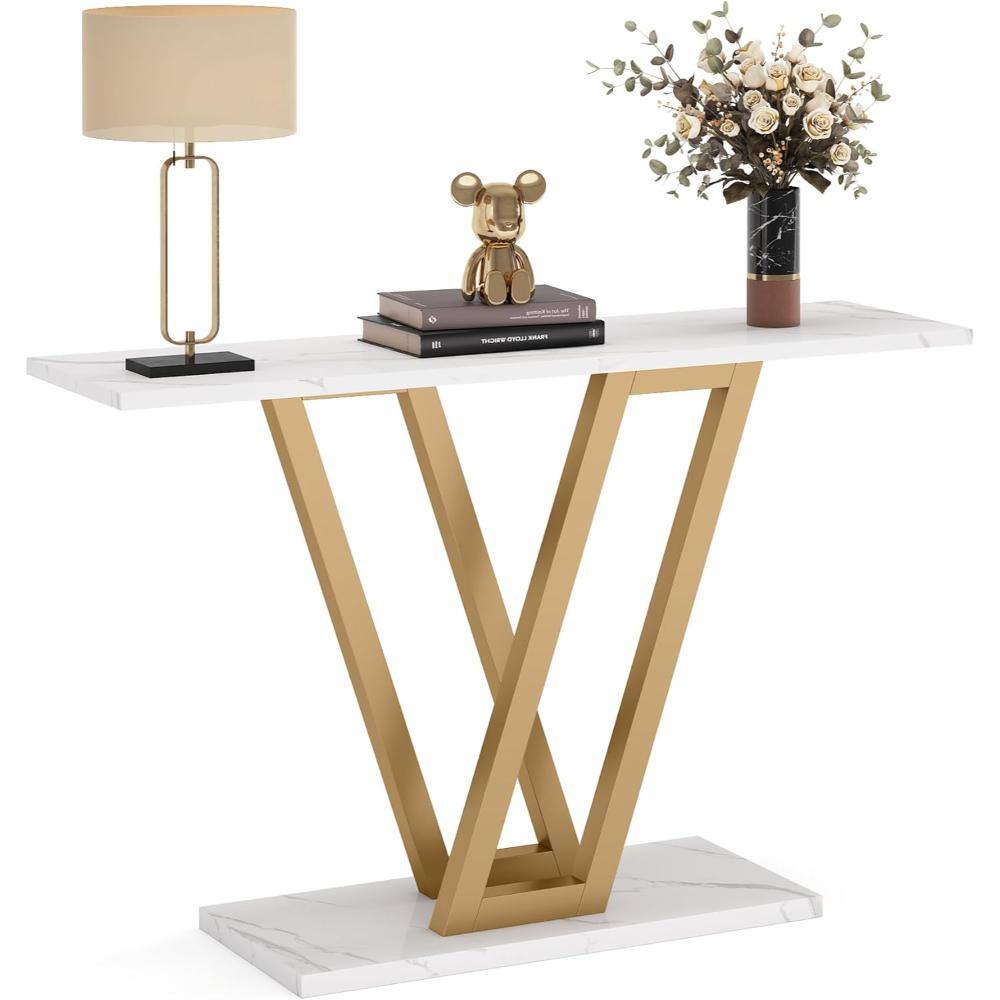 Front. Hivvago - Modern Industrial Console Table with Faux White Marble Top and Gold Frame - White, Gold.