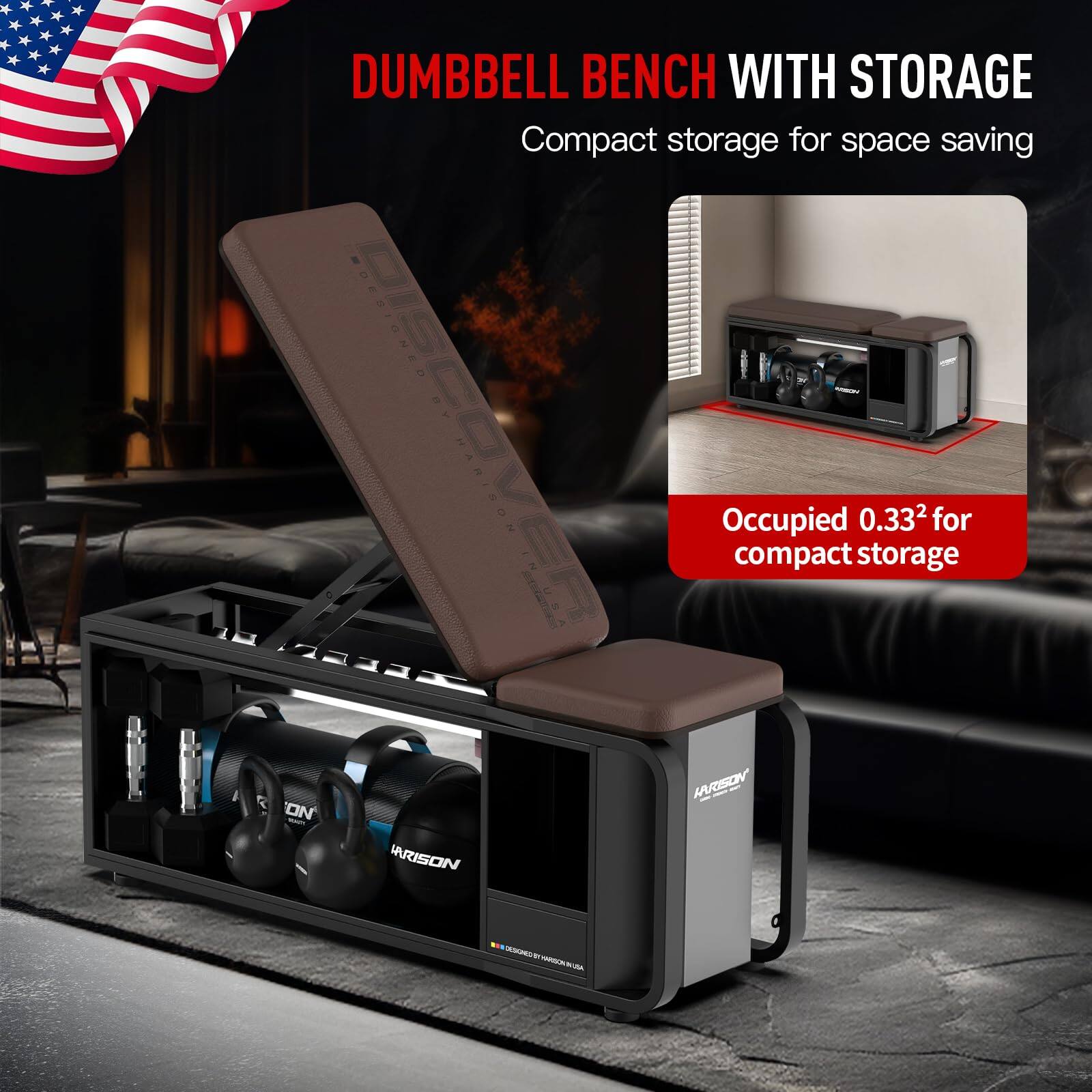DUMBBELL BENCH WITH STORAGE  
Compact storage for space saving  

Occupied 0.33² for compact storage
