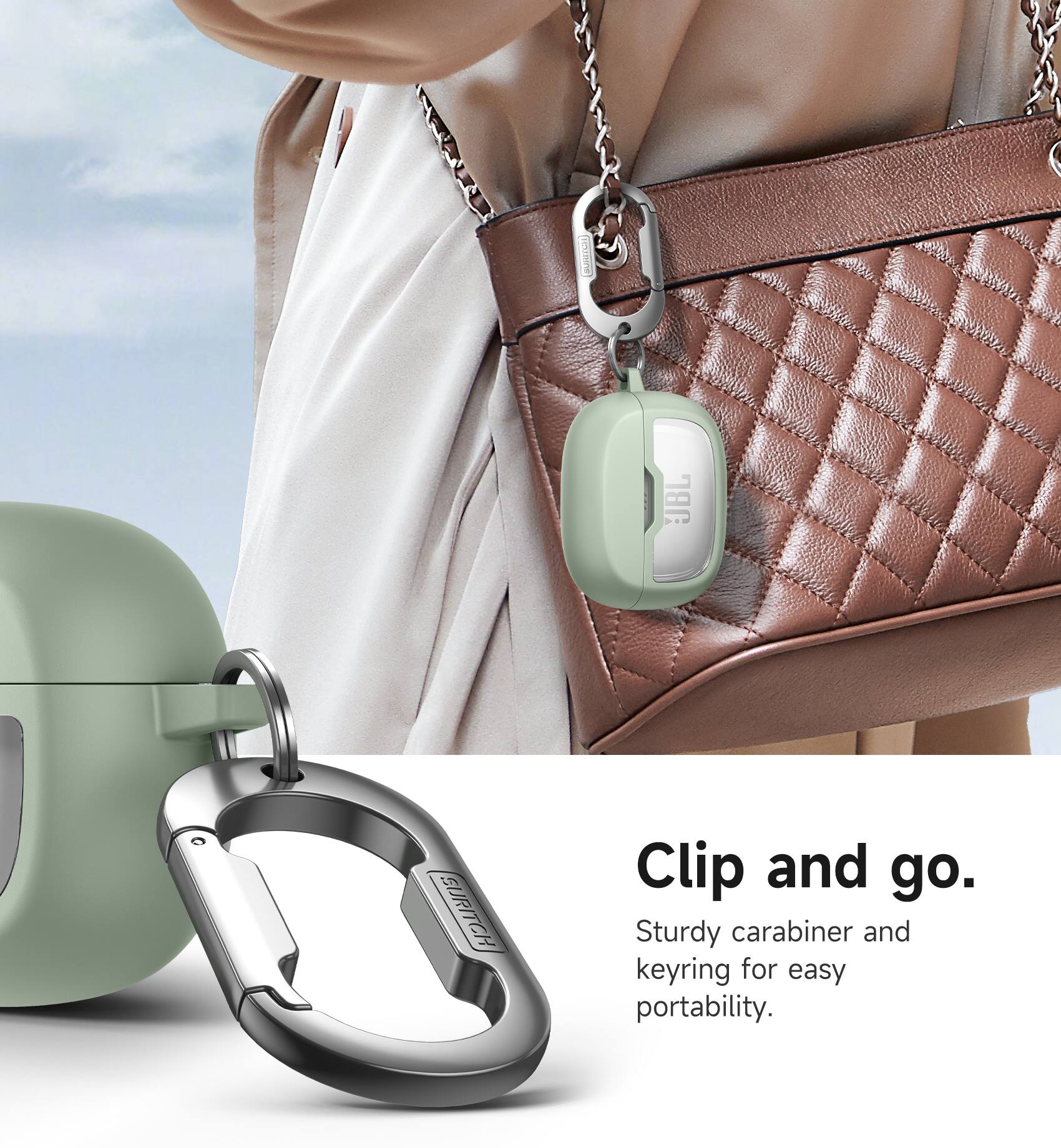 JBL GURITCH Clip and go. Sturdy carabiner and keyring for easy portability.