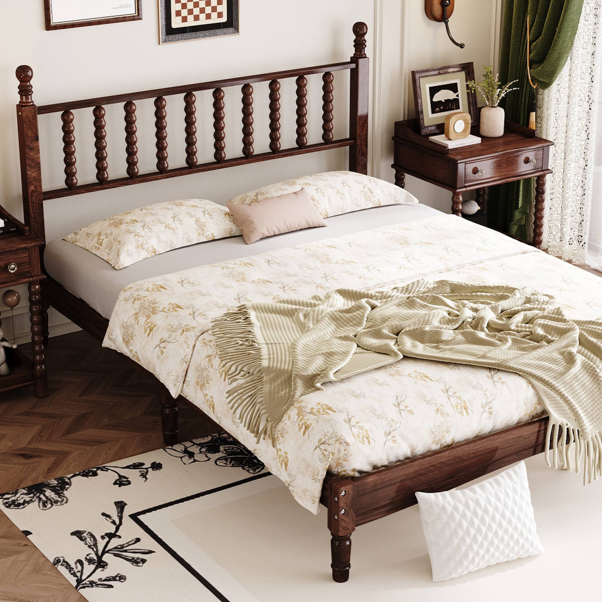 Alt View 8. GOODSILO - Queen Size Retro Wood Platform Bed with Gourd Shaped Headboard and Wooden Slat Support - Walnut.