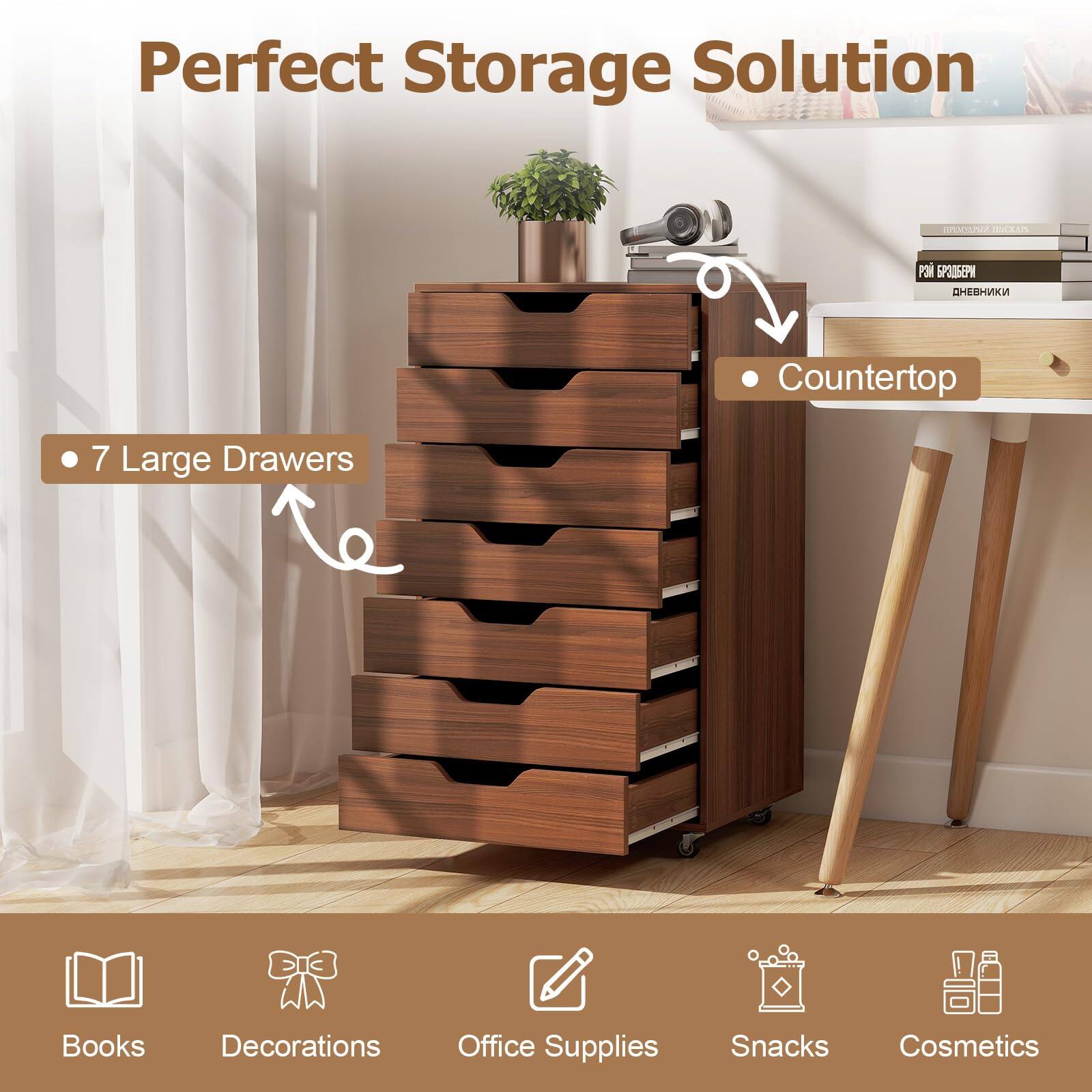 Perfect Storage Solution

- 7 Large Drawers
- Countertop

Books  
Decorations  
Office Supplies  
Snacks  
Cosmetics