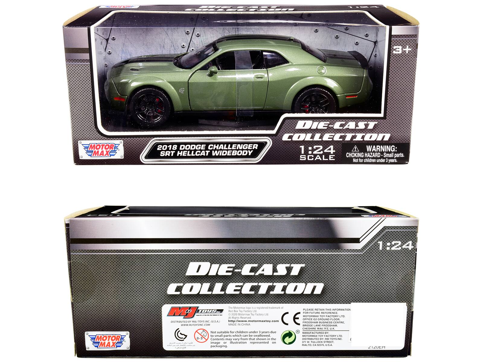 / 3+ MOTOR MAX DIE-CAST COLLECTION 2018 DODGE CHALLENGER 1:24 WARNING: SRT HELLCAT WIDEBODY CHOKING HAZARD Small parts. Not for children under 3 years. 1:24 DIE-CAST COLLECTION MOTOR MAX The UNmar lego 4 registered mraduman - JO9EE But - Tay Factory - MJ A - P000 Rgta Munurmal Reserved loy atory LE srRIUIDR dn M&I TOrs I M.LA http://www.motormaxtoy.com WWW.MUTOTSN.COOM MADE CRINA Not suitable for children under 3 years due to small parts which can be swallowed. Contents may vary from that shown in the image - illustration represented on packaging. PLEASE RETAIN THIS INFORMATION FOR FUTURE REFERENCE MOTOR MAX TOY FACTORY OFFICE 62 GROUND FLOOR, FROOSHAN BUSINESS CENTRE S LANE FROOSHAN CHESMEN W 12 UA MANUFACTURED BY MOTOR MAX FACTORY LTD. 371 W. TULLOCK STREET BALDWIN, CA 92337