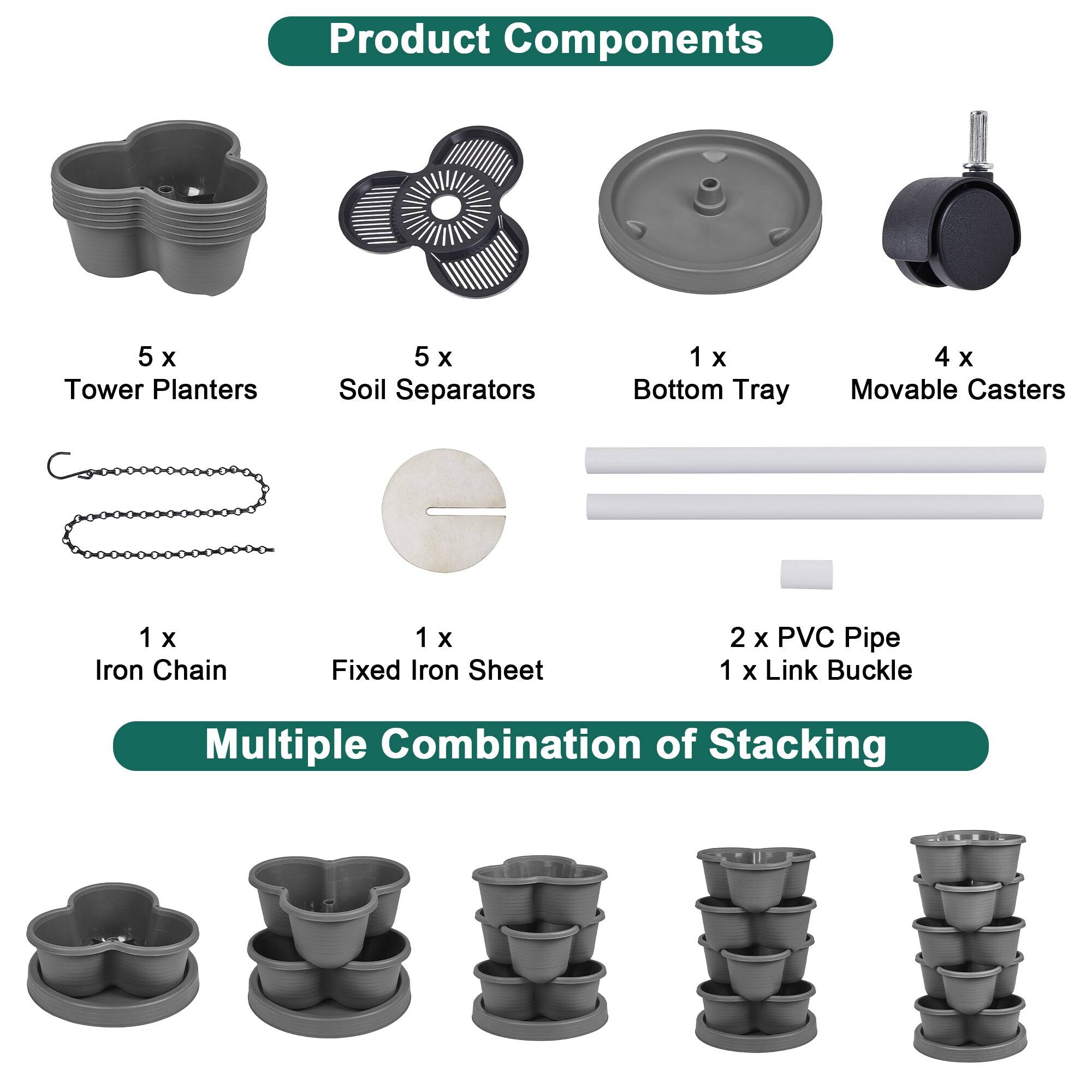 Product Components

- 5 x Tower Planters
- 5 x Soil Separators
- 1 x Bottom Tray
- 4 x Movable Casters
- 1 x Iron Chain
- 1 x Fixed Iron Sheet
- 2 x PVC Pipe
- 1 x Link Buckle

Multiple Combination of Stacking
