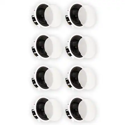 Front. Theater Solutions by Goldwood - TSS8A Flush Mount Angled Deluxe In Ceiling Speakers with 8" Woofers 8 Speaker Set - Paintable White.