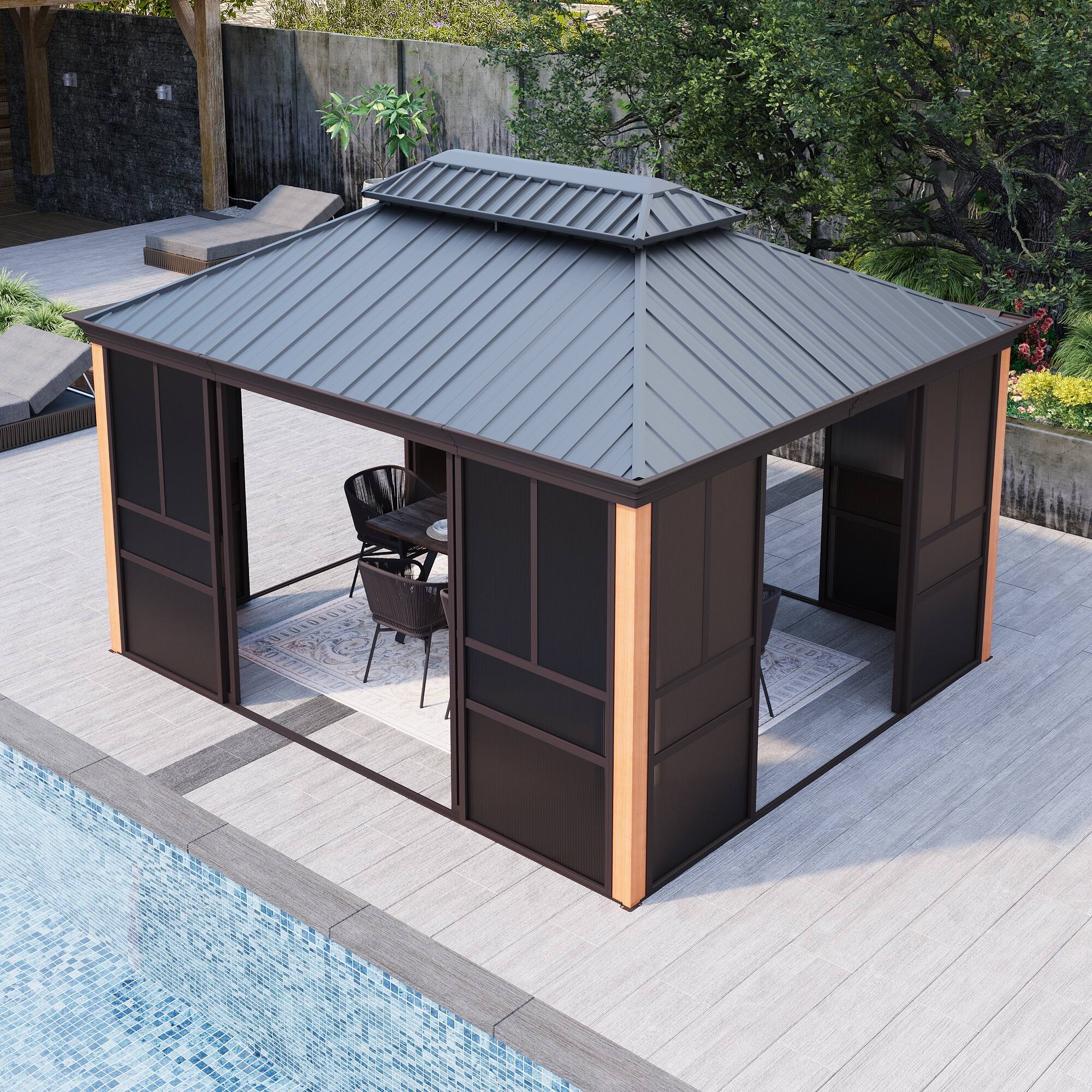 Alt View 7. U-HOMY - Hardtop Sunroom Gazebo with Double Steel Roof, Sliding Doors & Screens, All-Season Aluminum Pergola - 12' x 14'.