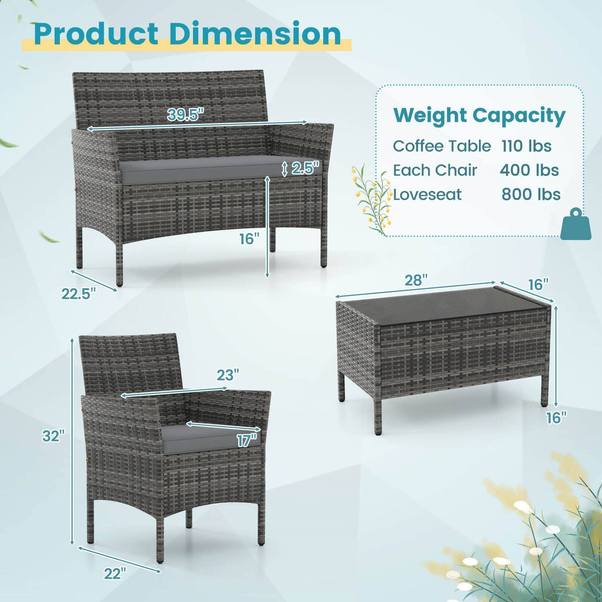 Product Dimension:
- Coffee Table: 110 lbs weight capacity
- Each Chair: 400 lbs weight capacity
- Loveseat: 800 lbs weight capacity
Measurements:
- Coffee Table: 16" x 22.5" x 28"
- Each Chair: 16" x 23" x 32"
- Loveseat: 17" x 16" x 22"
