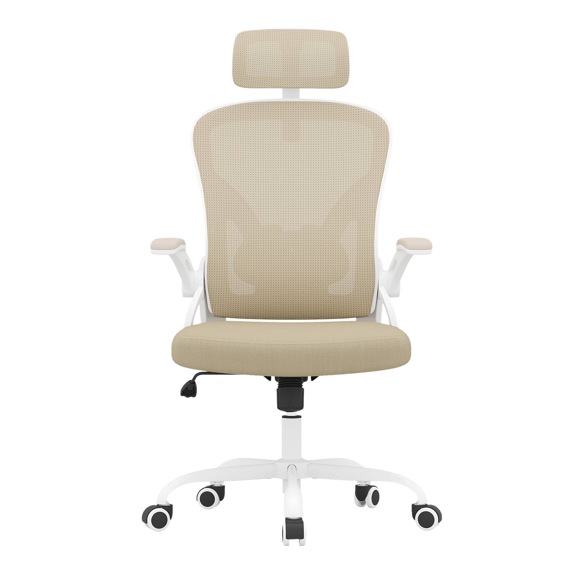 Angle. PexFix - Ergonomic Office Chair with Flip-Up Armrests, Adjustable Headrest & Lumbar Support for Home Office - White+Khaki.