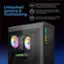 The text on the image is grouped and corrected as follows:

"Intel Core processors push your gameplay beyond performance. With ultra-fast DDR5 memory, the Legion gaming & Tower 5i Gen 8 won't lag when the gaming action gets intense. Great for multitasking too. You can stream, record, or play music while gaming. Unleashed your gameplay beyond performance. Stream, create, and compete at the highest intel levels. LEGION GEFORCE RTX."