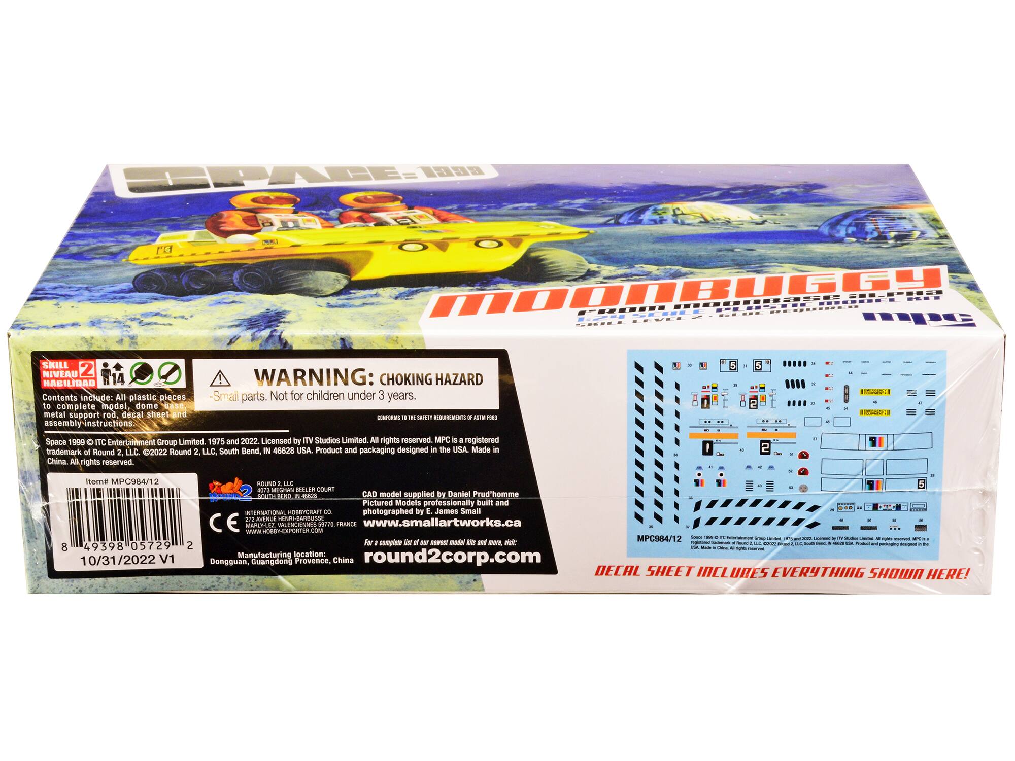 Sure, here is the corrected and grouped text from the image:

---

**Skill Niveau 2**

**Contents include:**
- All plastic pieces to complete model
- Dome as metal support rod
- Decal sheet
- Assembly-instructions

**Warning:**
- CHOKING HAZARD - Small parts. Not for children under 3 years.

**Space 1999**
- ITC Entertainment Group Limited. 1975 and 2022 Licensed by ITV Studios Limited. All rights reserved.
- MPC i 1 registered trademark of Round 2, LLC. 2022 Round 2, LLC South Bend, IN 46528 USA.
- Product and packaging designed in the USA. Made in China. All rights reserved.

**Item MPC984/12**
- 8 49398 05729 10/31/2022 V1

**CAD model supplied by Daniel Prud'homme**
- Pictured Models professionally built and photographed by E. James Small
- www.smallartworks.ca

**For a complete list of our newest model kits and more, visit:**
- round2corp.com

